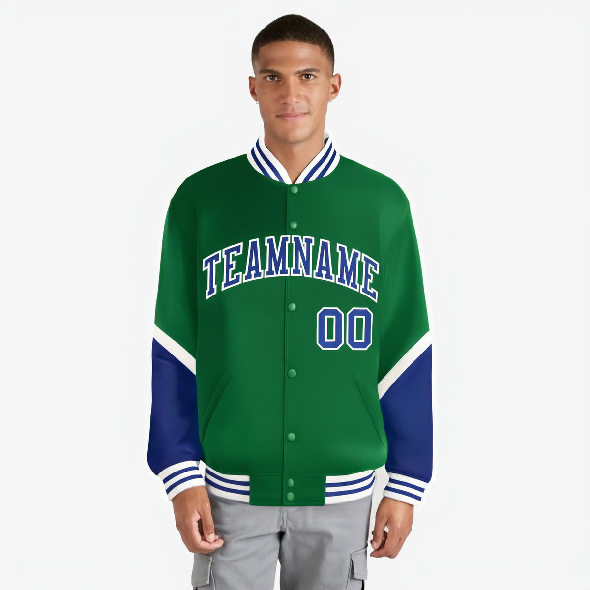 Custom Kelly Green Royal Blue-White Varsity Full-Snap Color Block Letterman Jacket