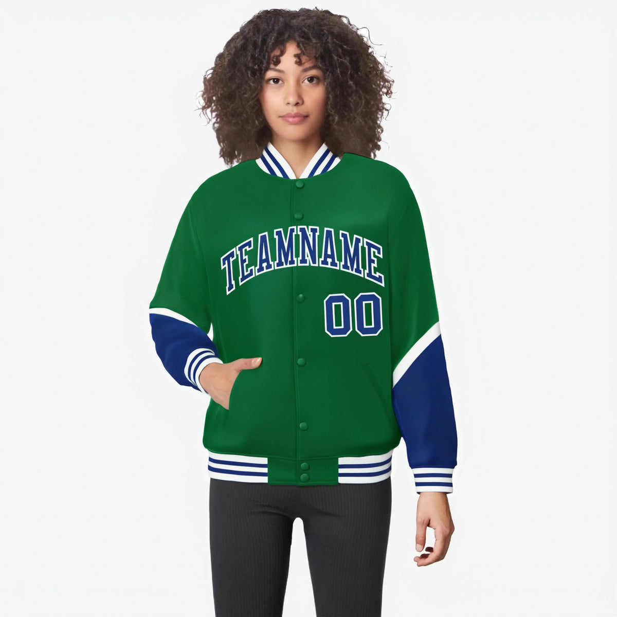 Custom Kelly Green Royal Blue-White Varsity Full-Snap Color Block Letterman Jacket