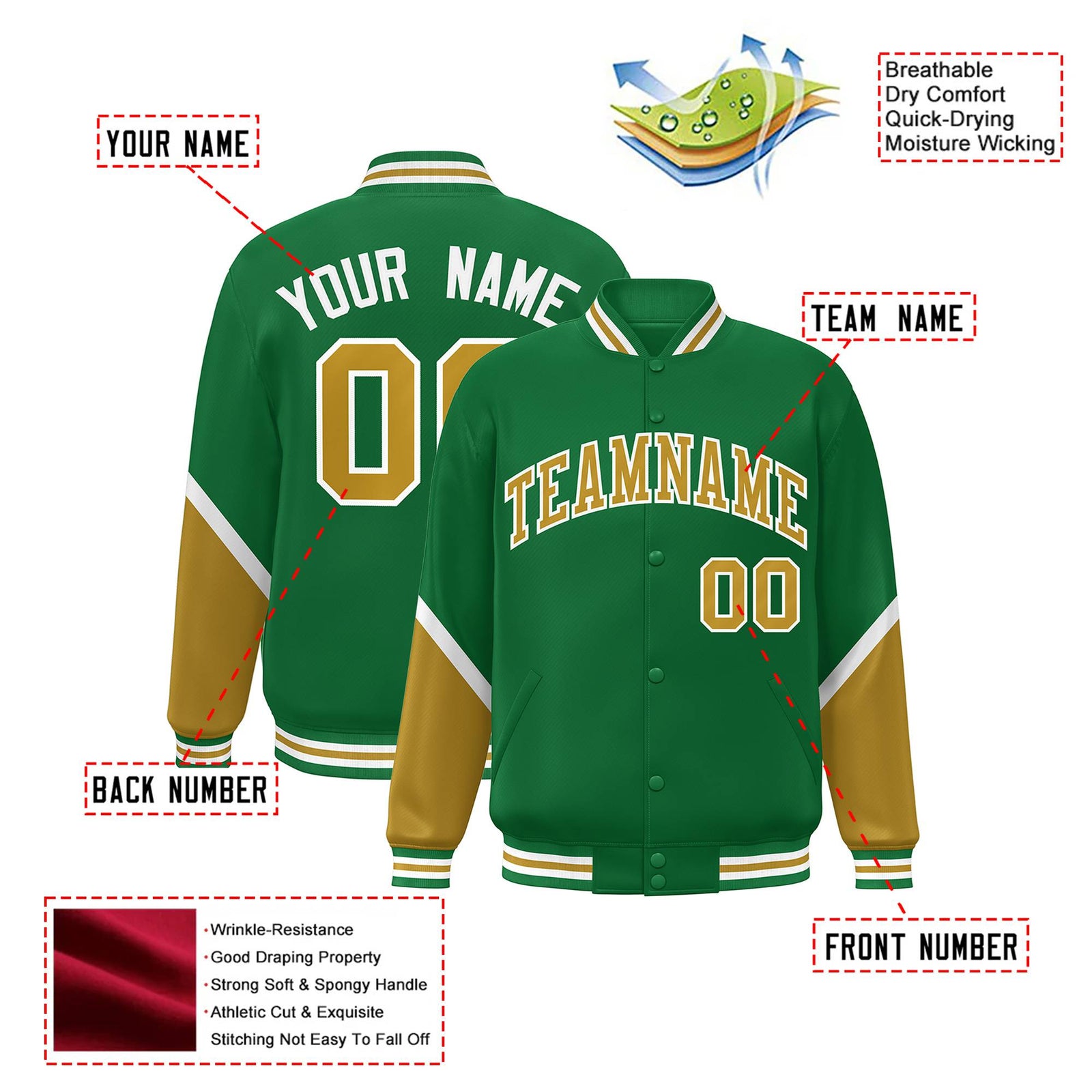 Custom Kelly Green Old Gold-White Varsity Full-Snap Color Block Letterman Jacket