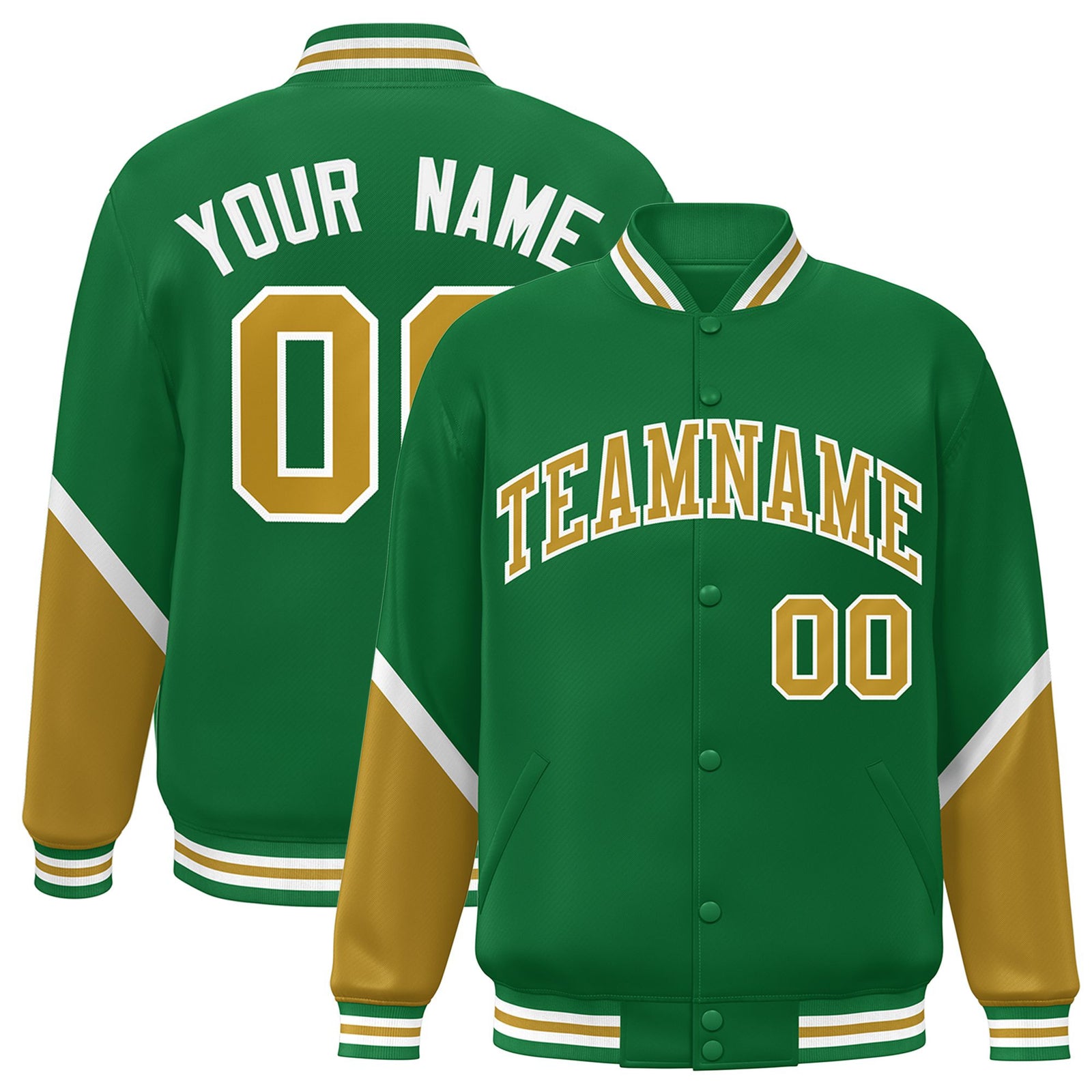 Custom Kelly Green Old Gold-White Varsity Full-Snap Color Block Letterman Jacket