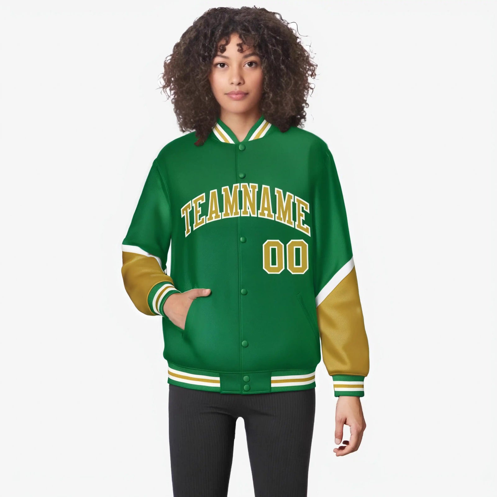 Custom Kelly Green Old Gold-White Varsity Full-Snap Color Block Letterman Jacket