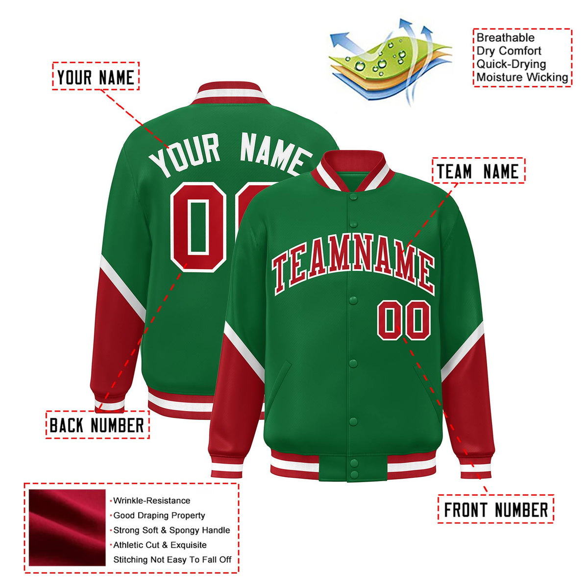 Custom Kelly Green Red-White Varsity Full-Snap Color Block Letterman Jacket