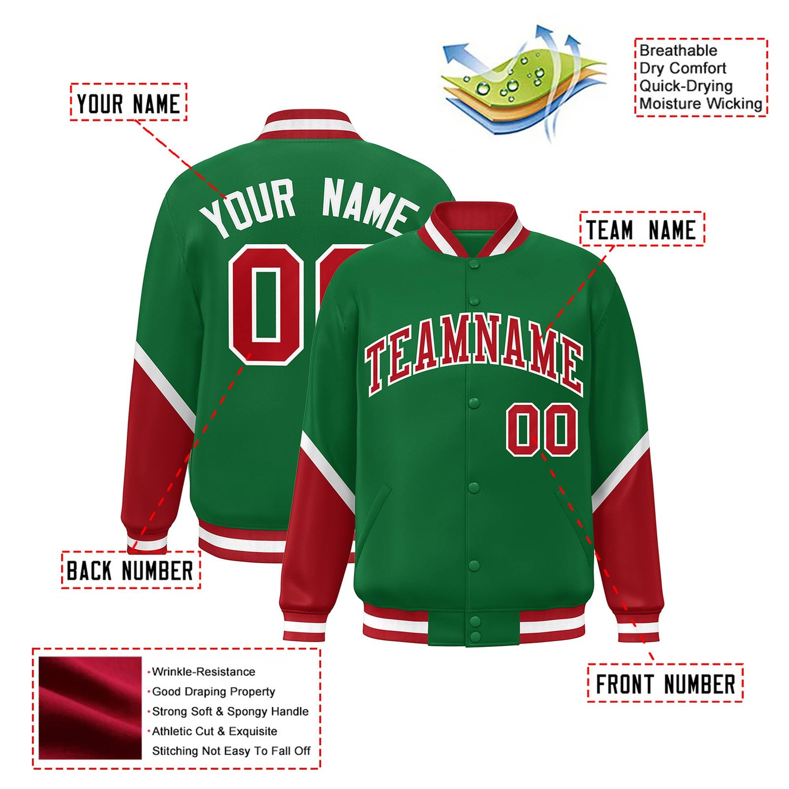 Custom Kelly Green Red-White Varsity Full-Snap Color Block Letterman Jacket