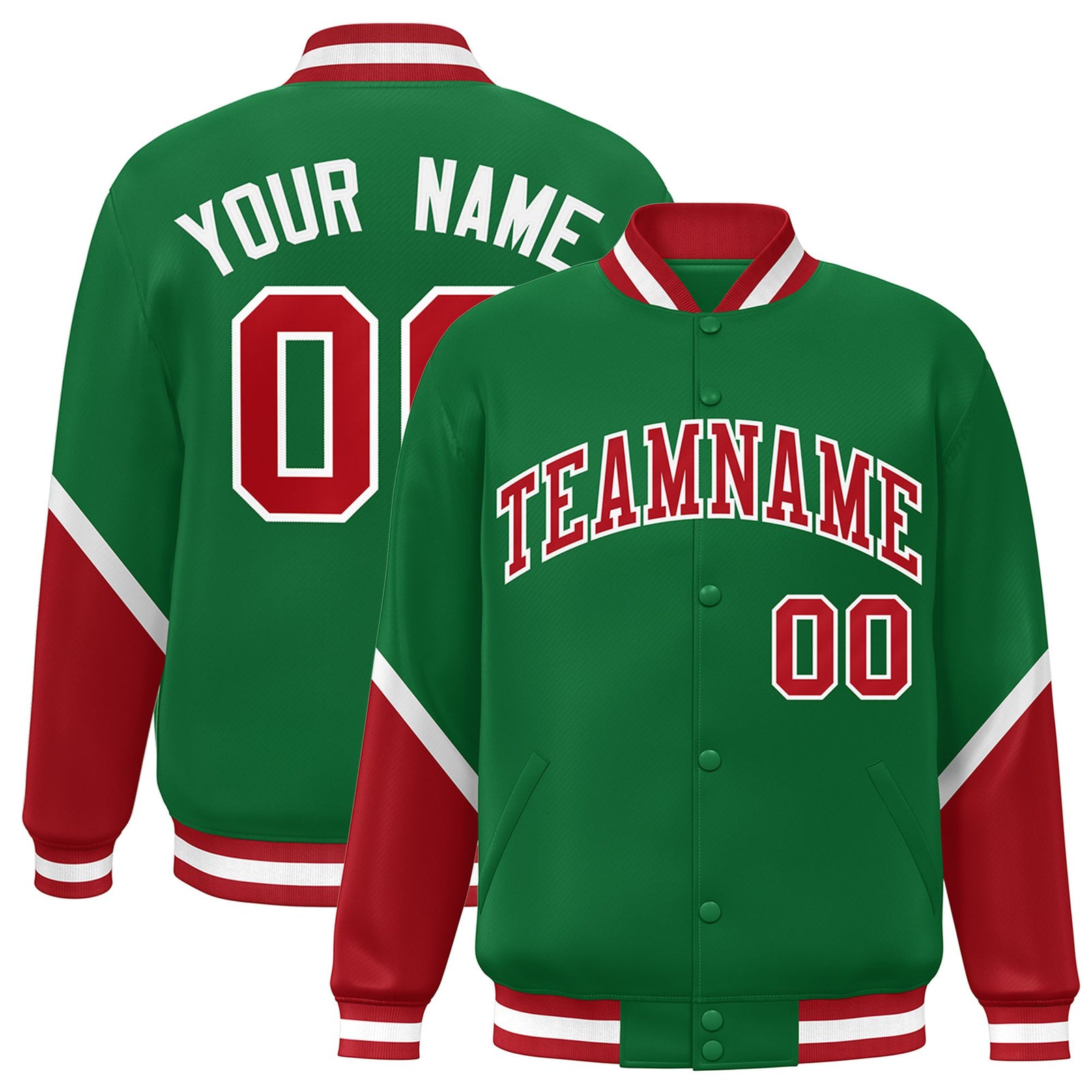 Custom Kelly Green Red-White Varsity Full-Snap Color Block Letterman Jacket