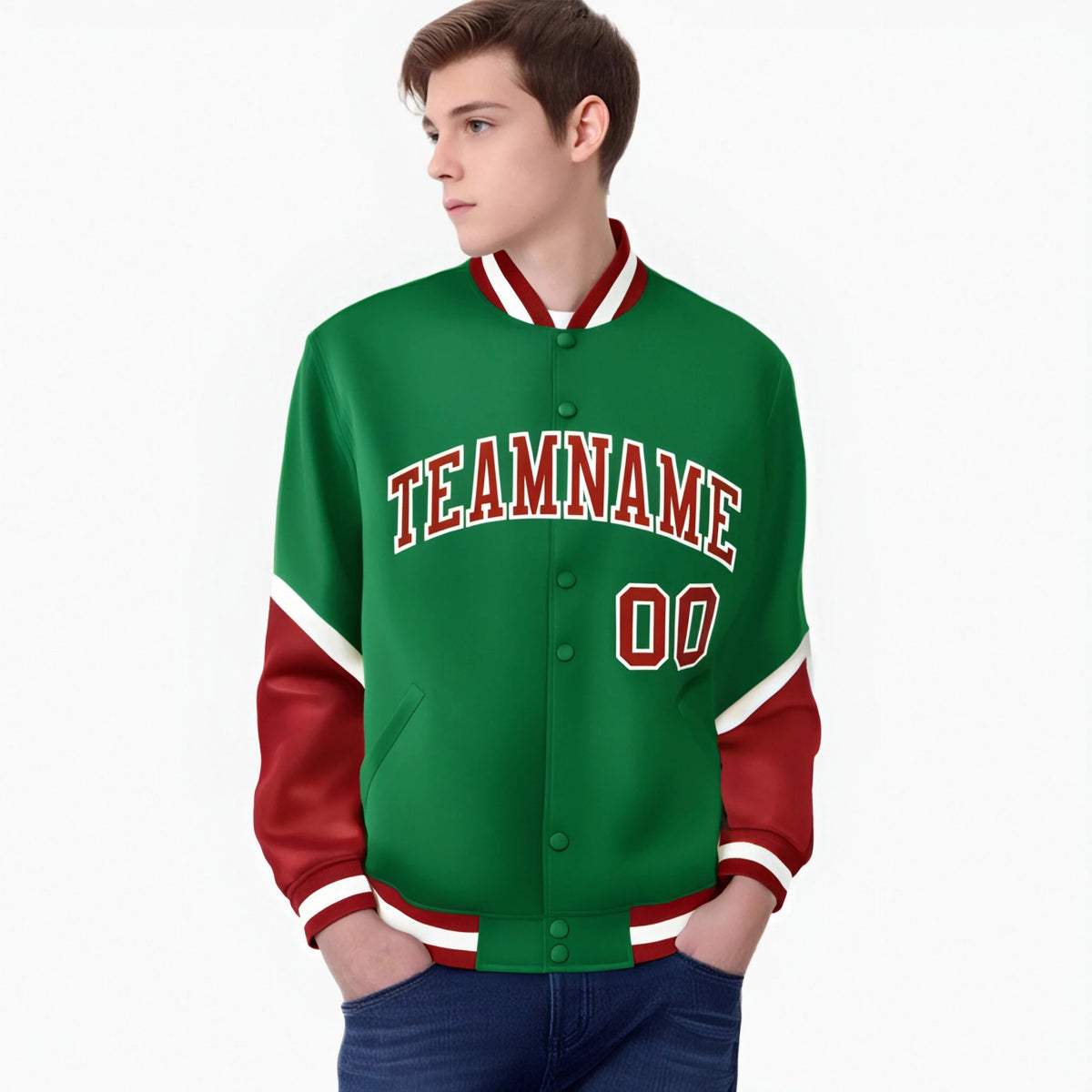 Custom Kelly Green Red-White Varsity Full-Snap Color Block Letterman Jacket