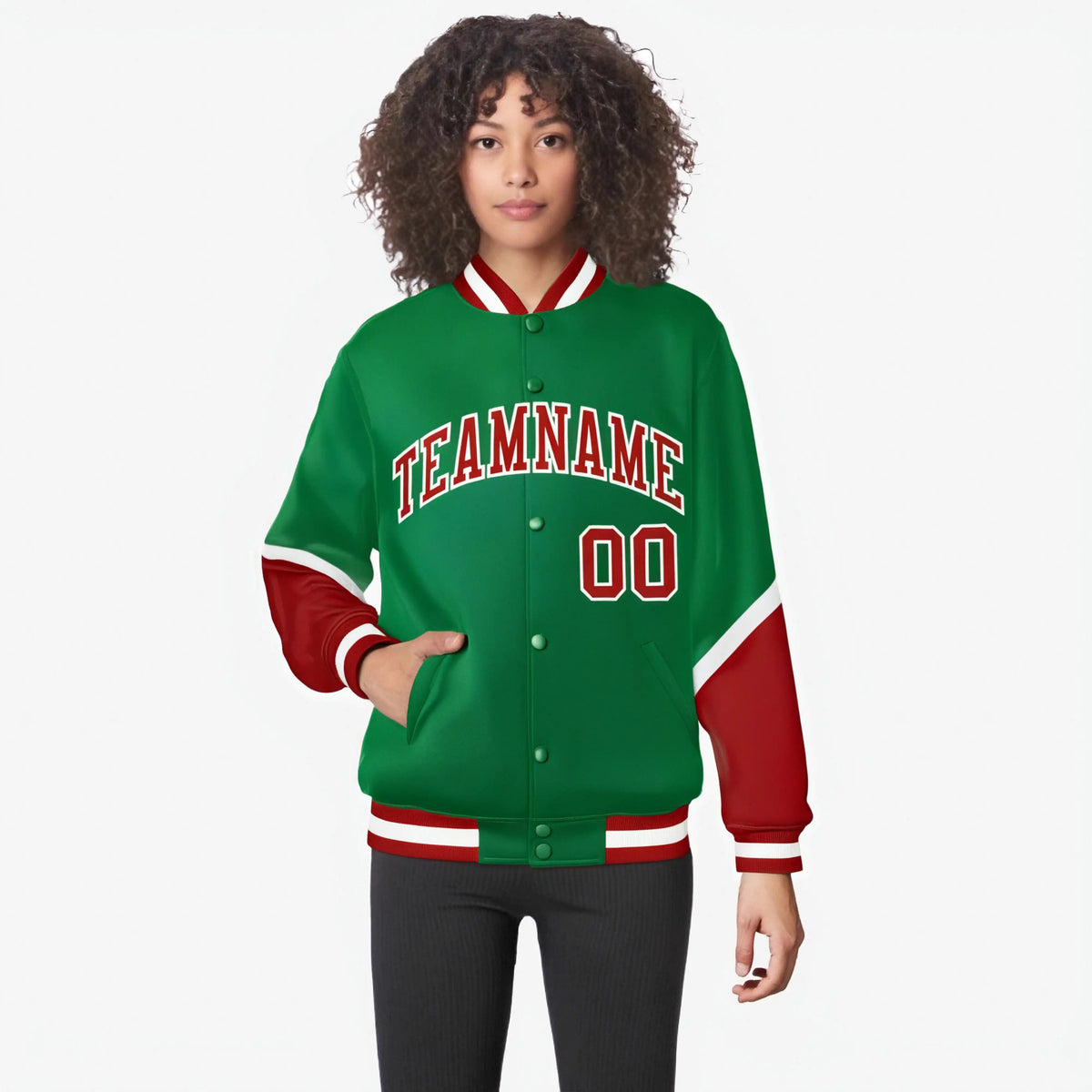Custom Kelly Green Red-White Varsity Full-Snap Color Block Letterman Jacket