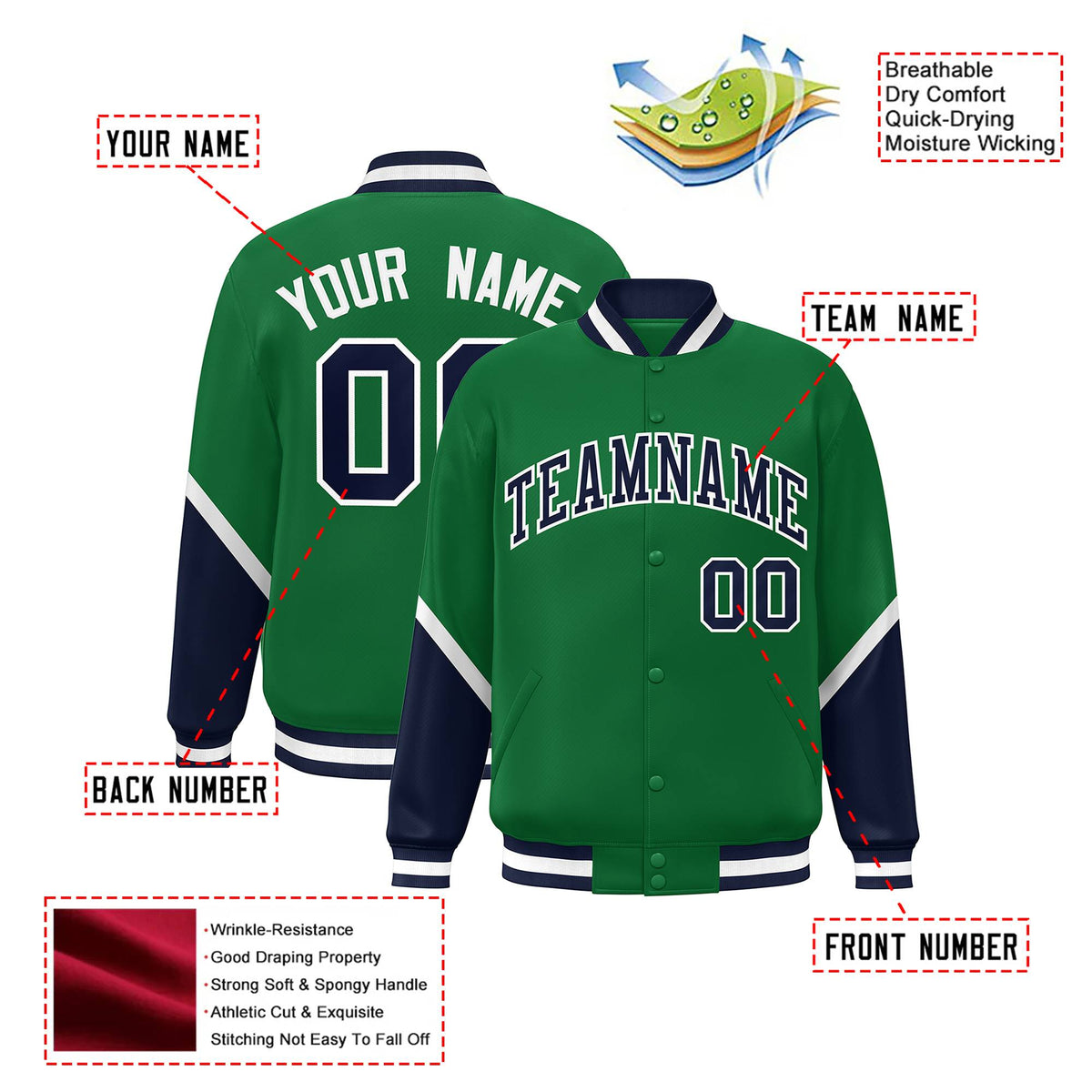 Custom Kelly Green Navy-White Varsity Full-Snap Color Block Letterman Jacket