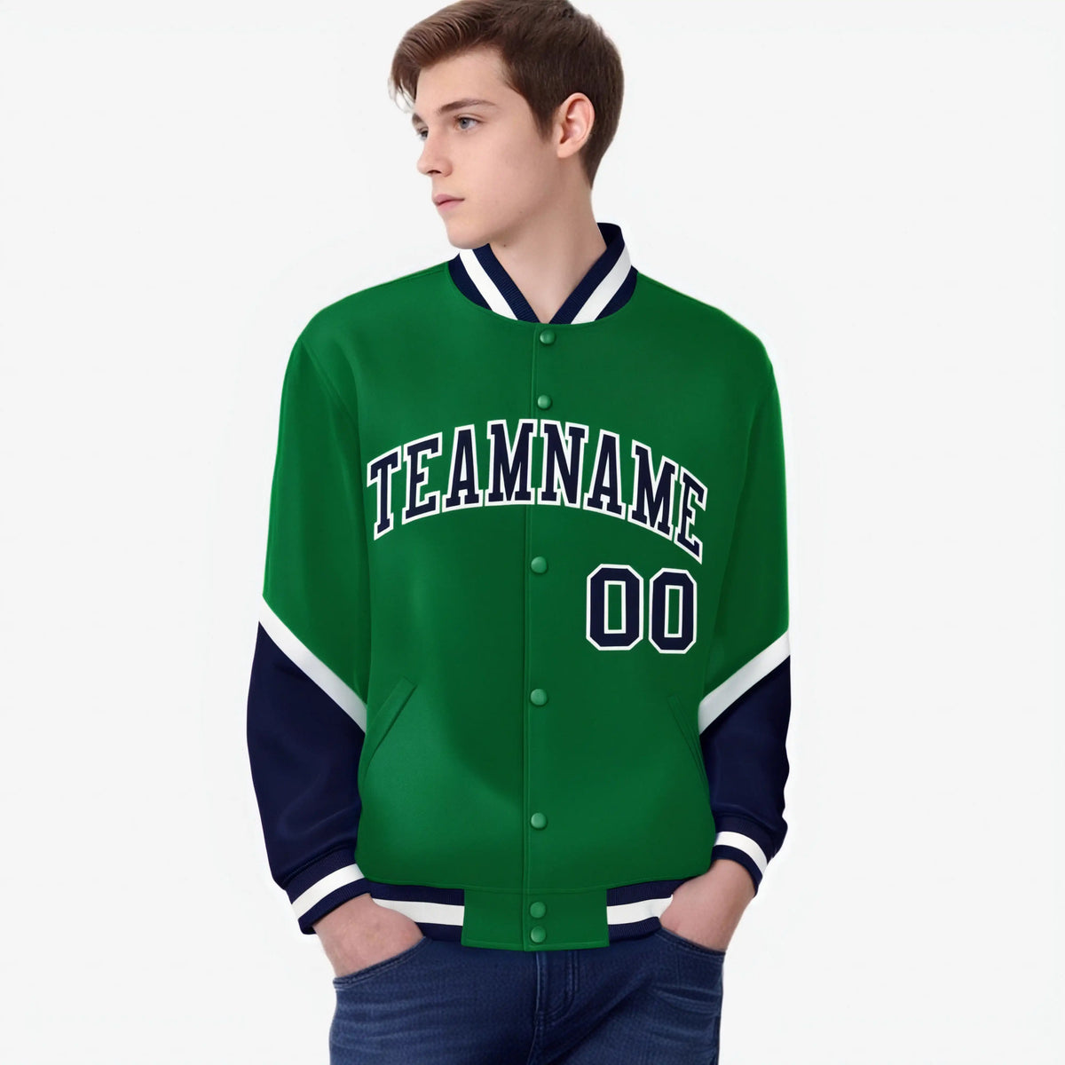 Custom Kelly Green Navy-White Varsity Full-Snap Color Block Letterman Jacket