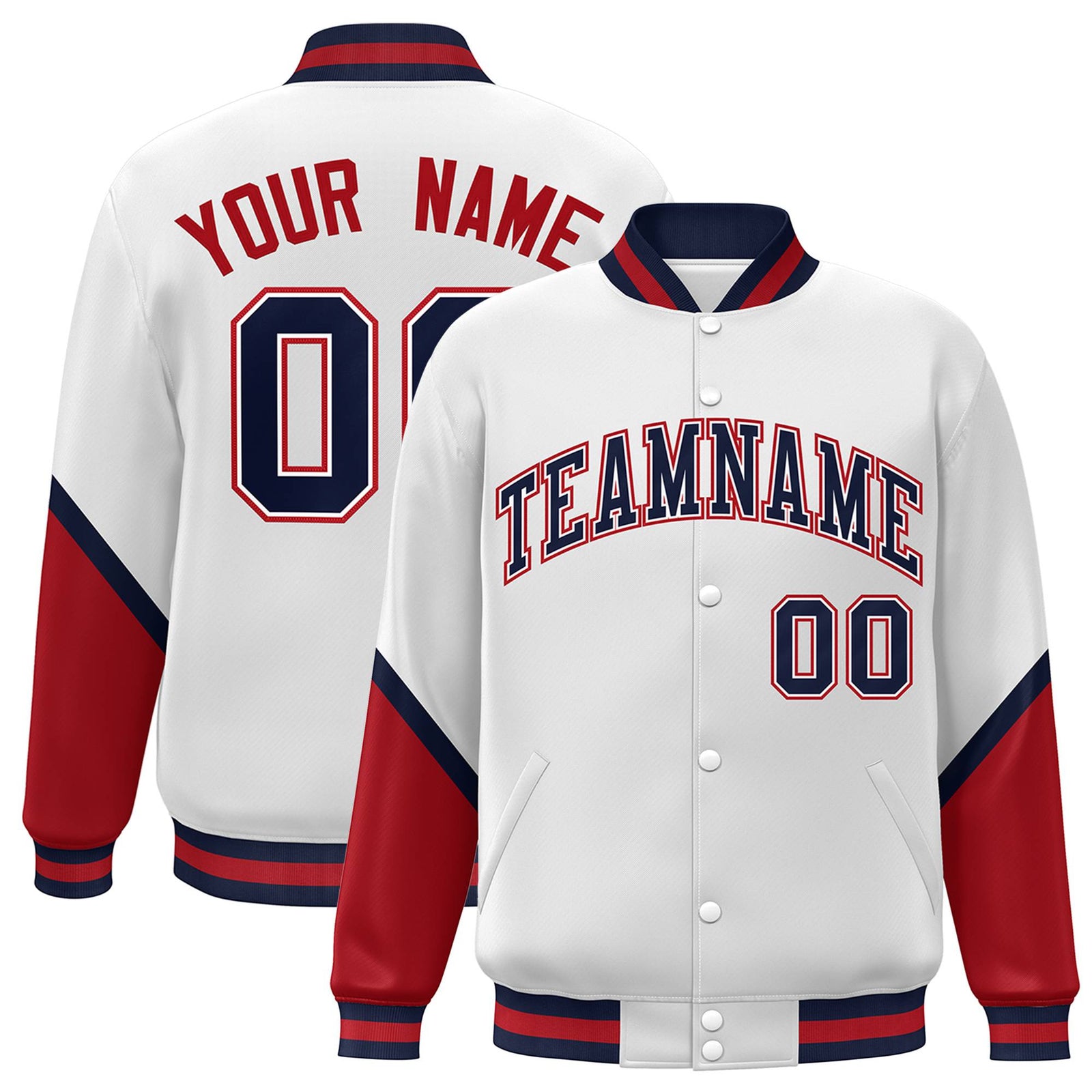 Custom White Red-Navy Varsity Full-Snap Color Block Letterman Jacket