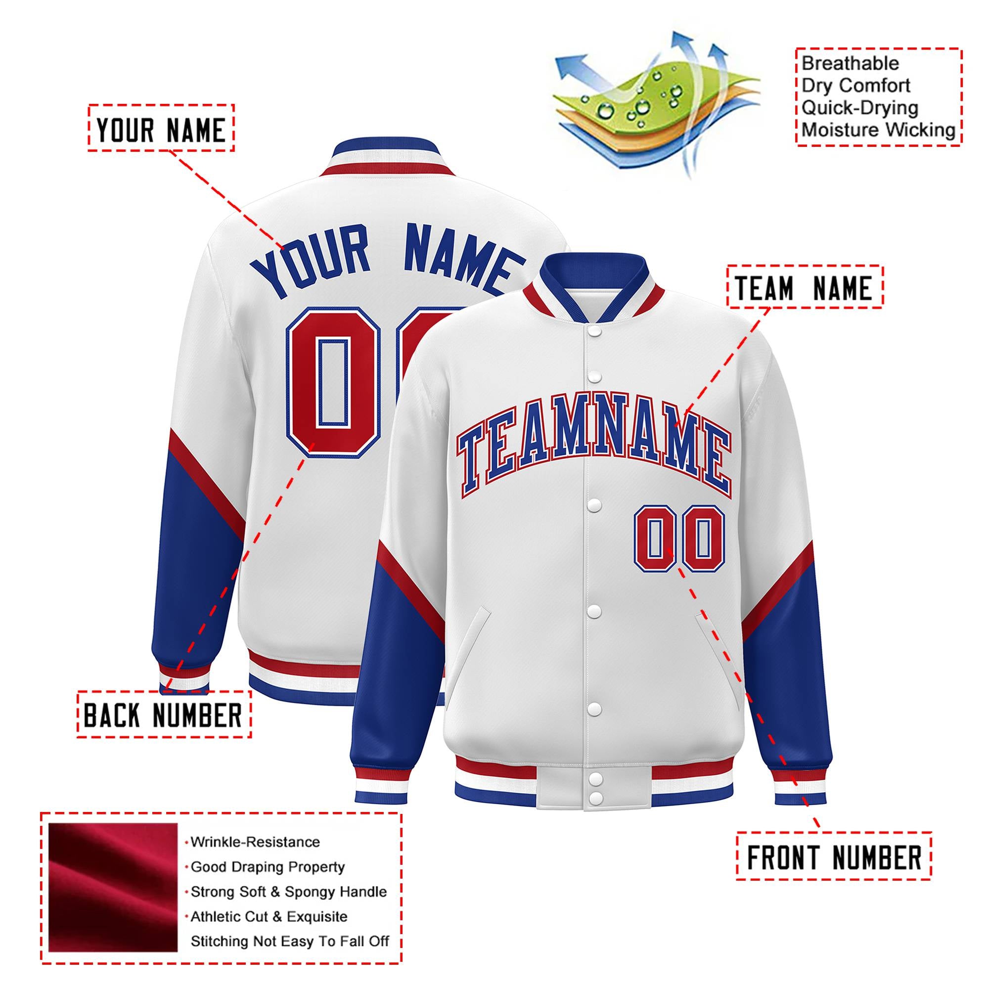 Custom White Royal Blue-Red Varsity Full-Snap Color Block Letterman Jacket