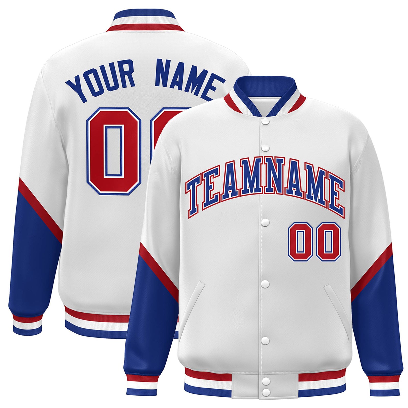 Custom White Royal Blue-Red Varsity Full-Snap Color Block Letterman Jacket
