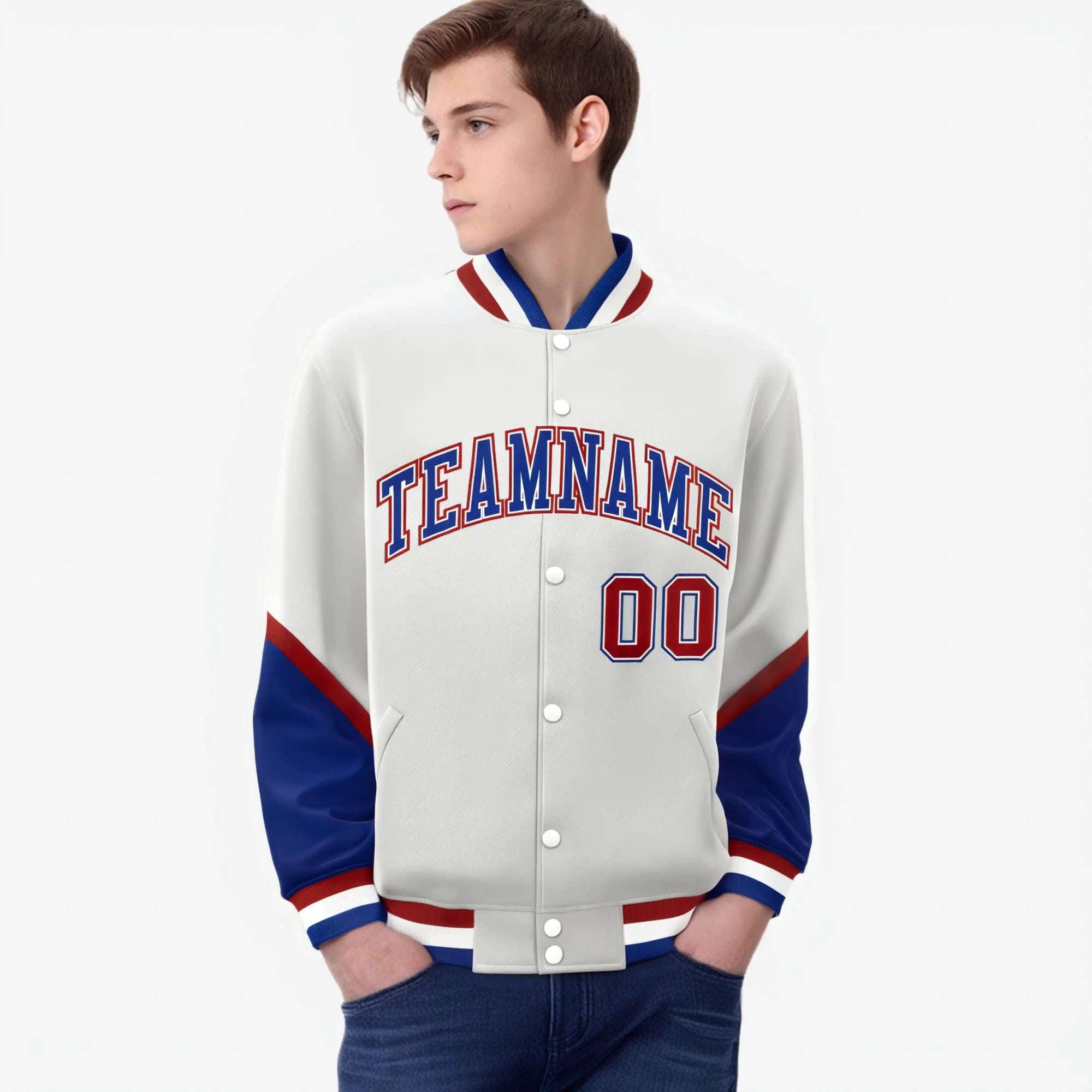 Custom White Royal Blue-Red Varsity Full-Snap Color Block Letterman Jacket