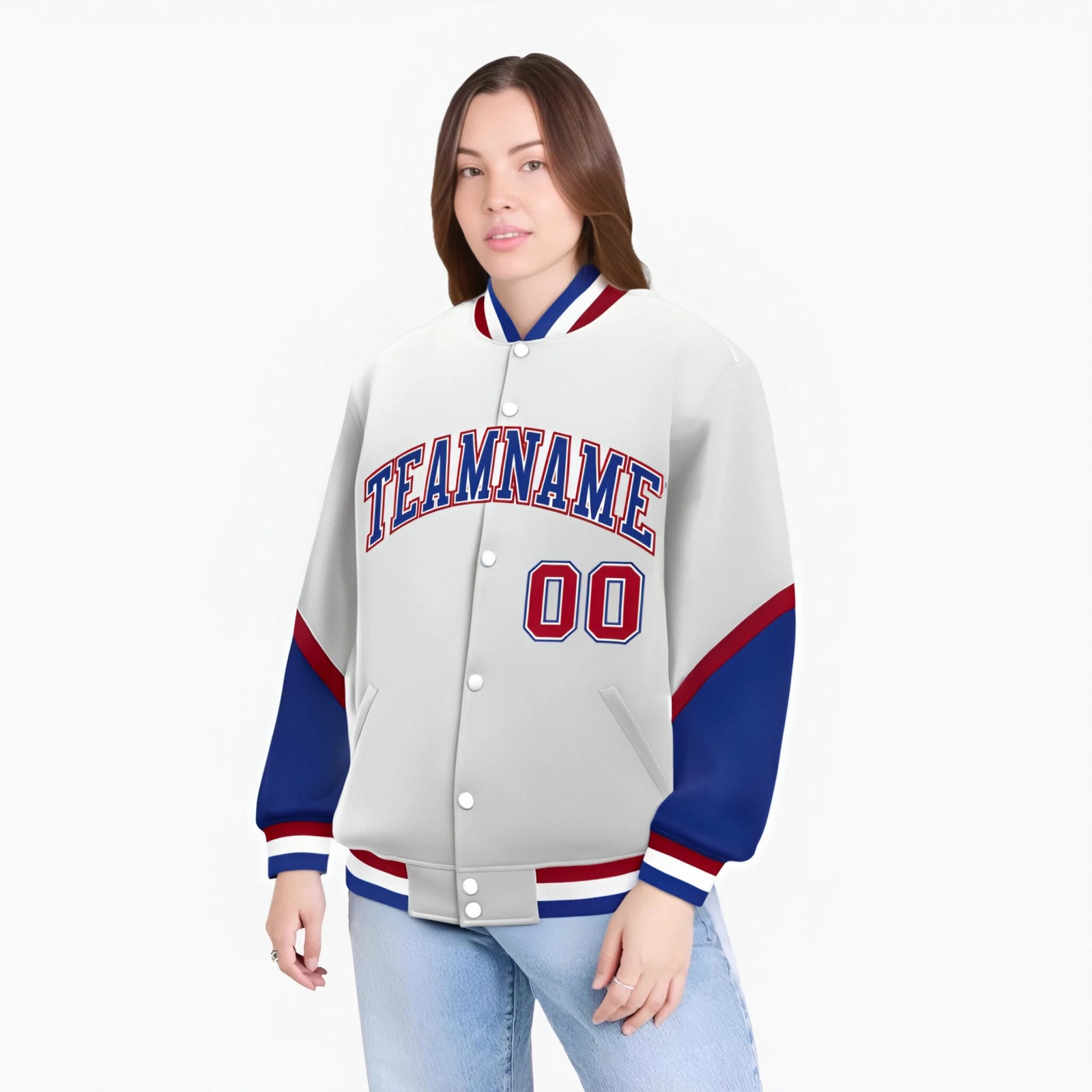 Custom White Royal Blue-Red Varsity Full-Snap Color Block Letterman Jacket