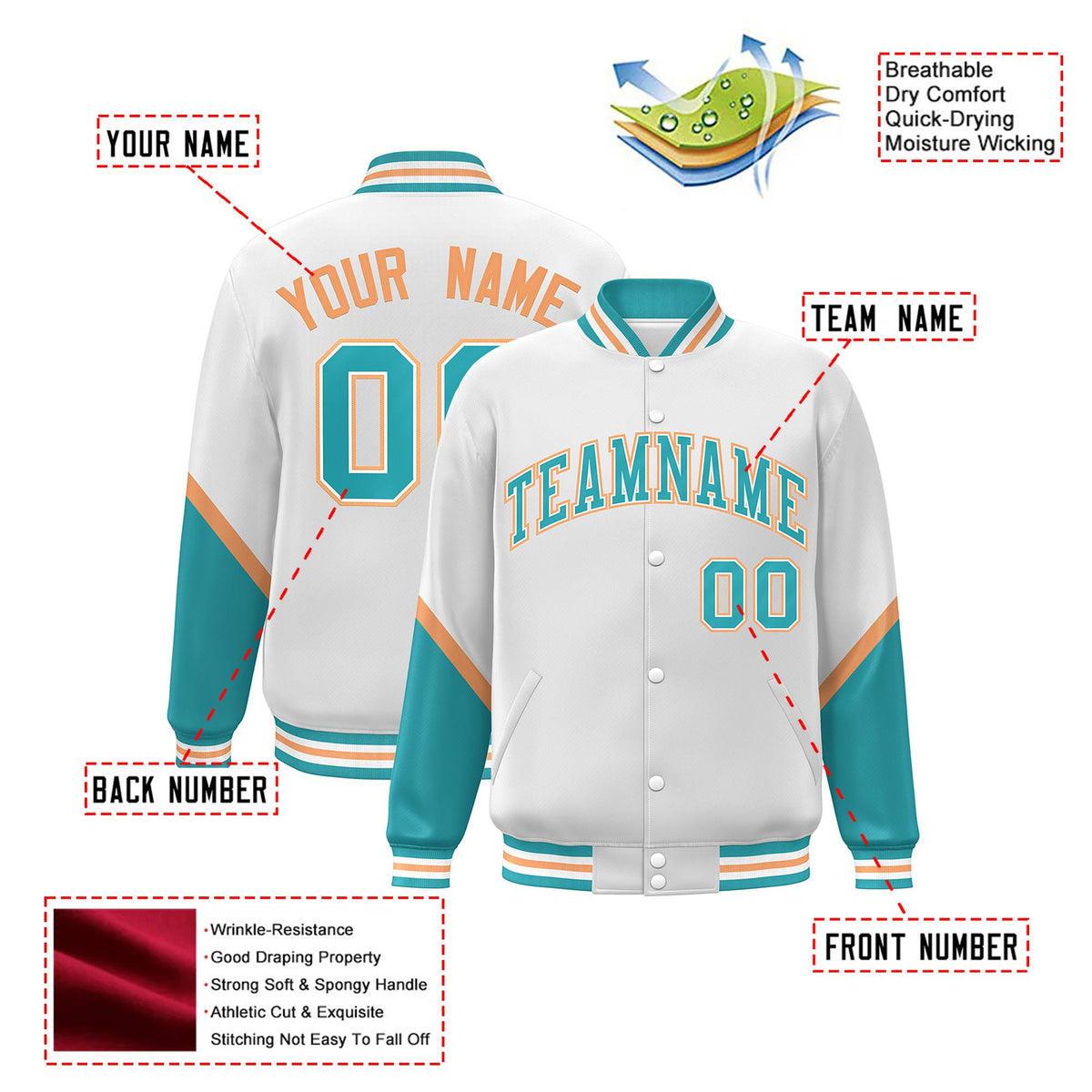 Custom White Aqua-Gold Varsity Full-Snap Color Block Letterman Jacket