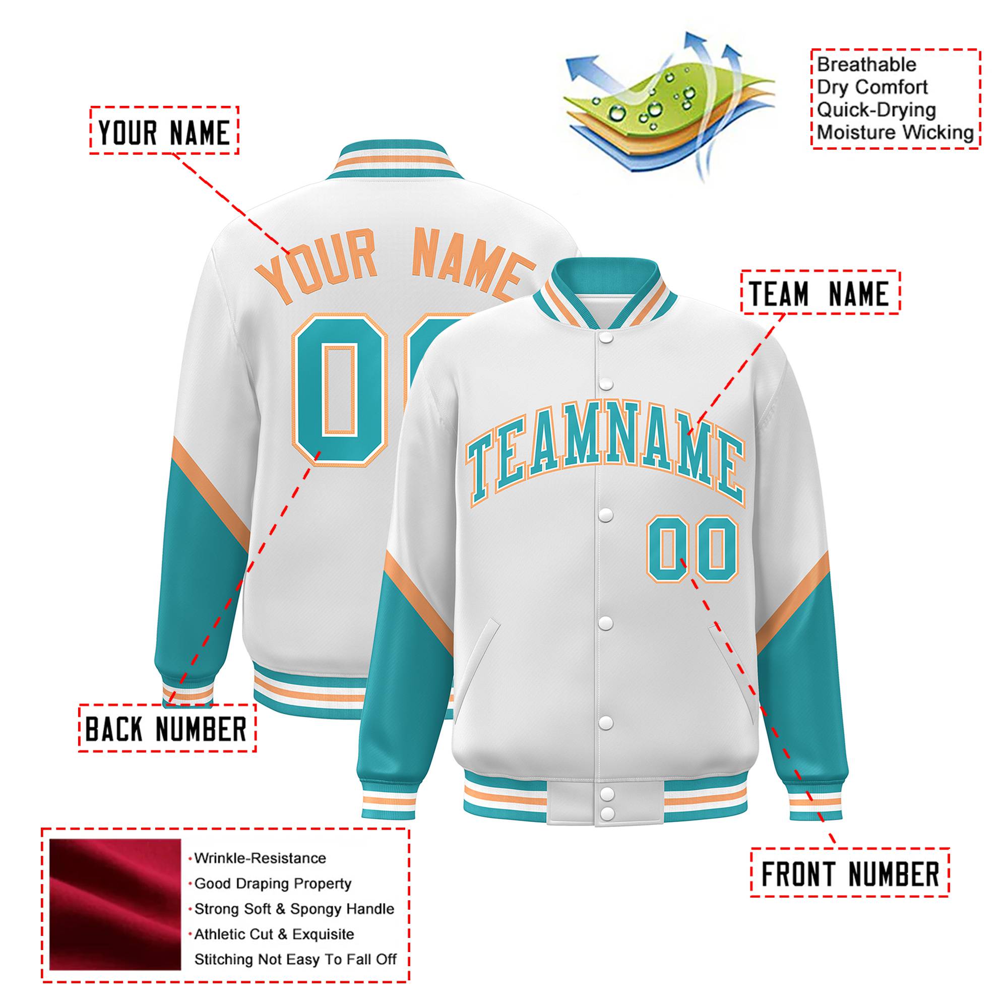 Custom White Aqua-Gold Varsity Full-Snap Color Block Letterman Jacket