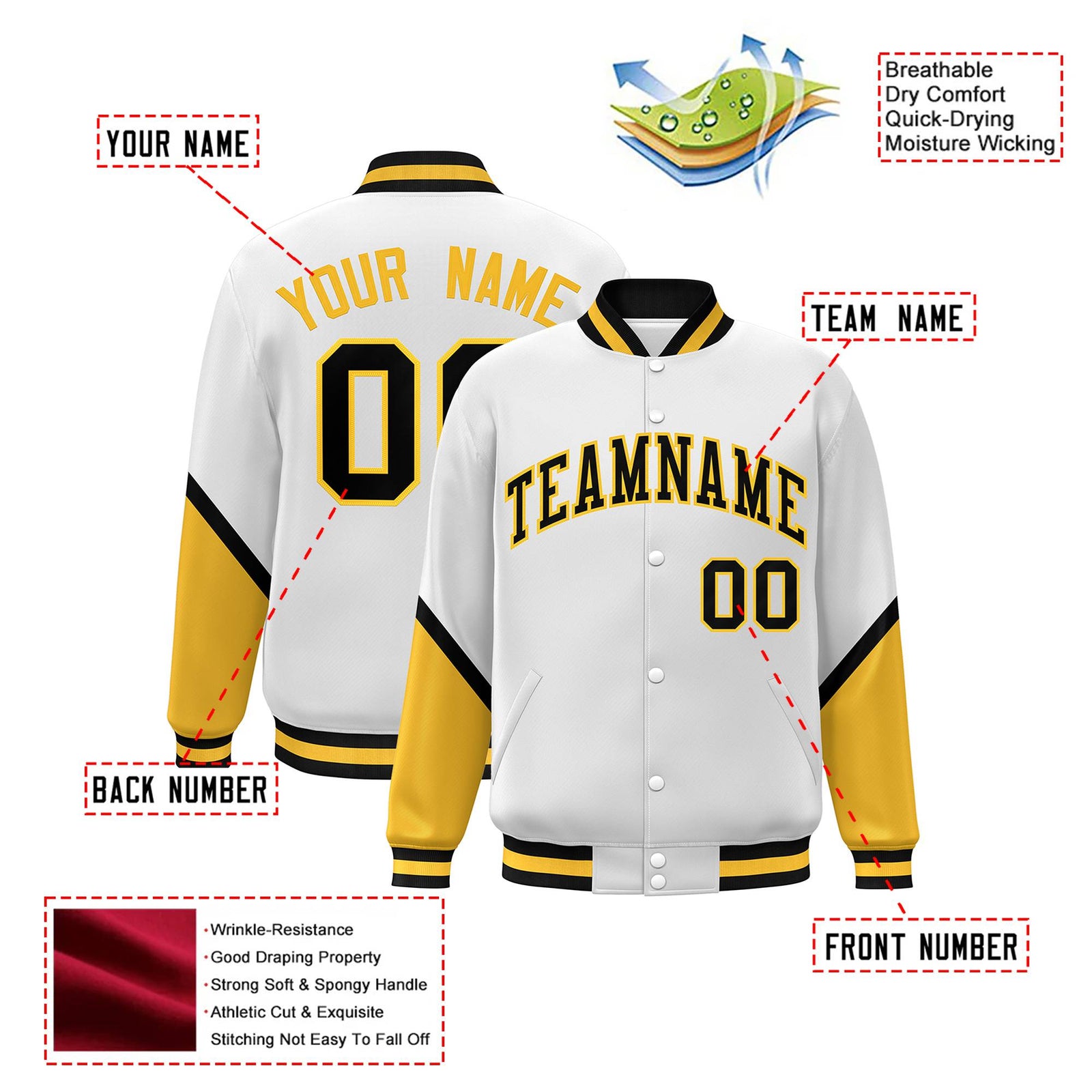 Custom White Gold-Black Varsity Full-Snap Color Block Letterman Jacket