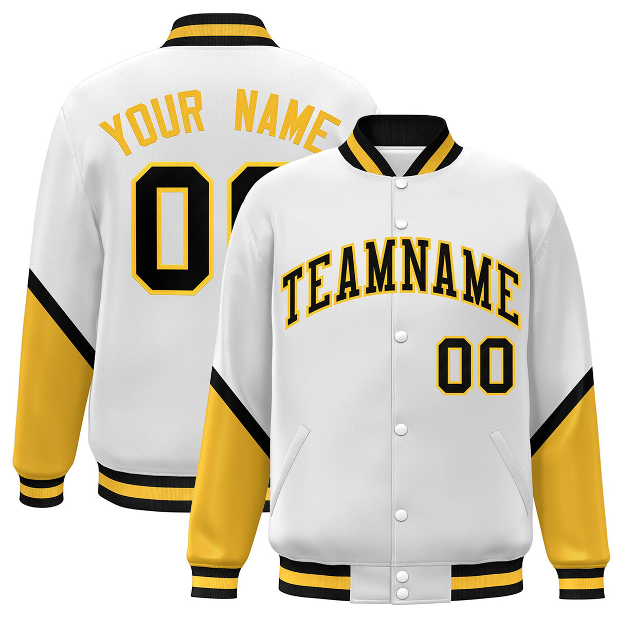 Custom White Gold-Black Varsity Full-Snap Color Block Letterman Jacket
