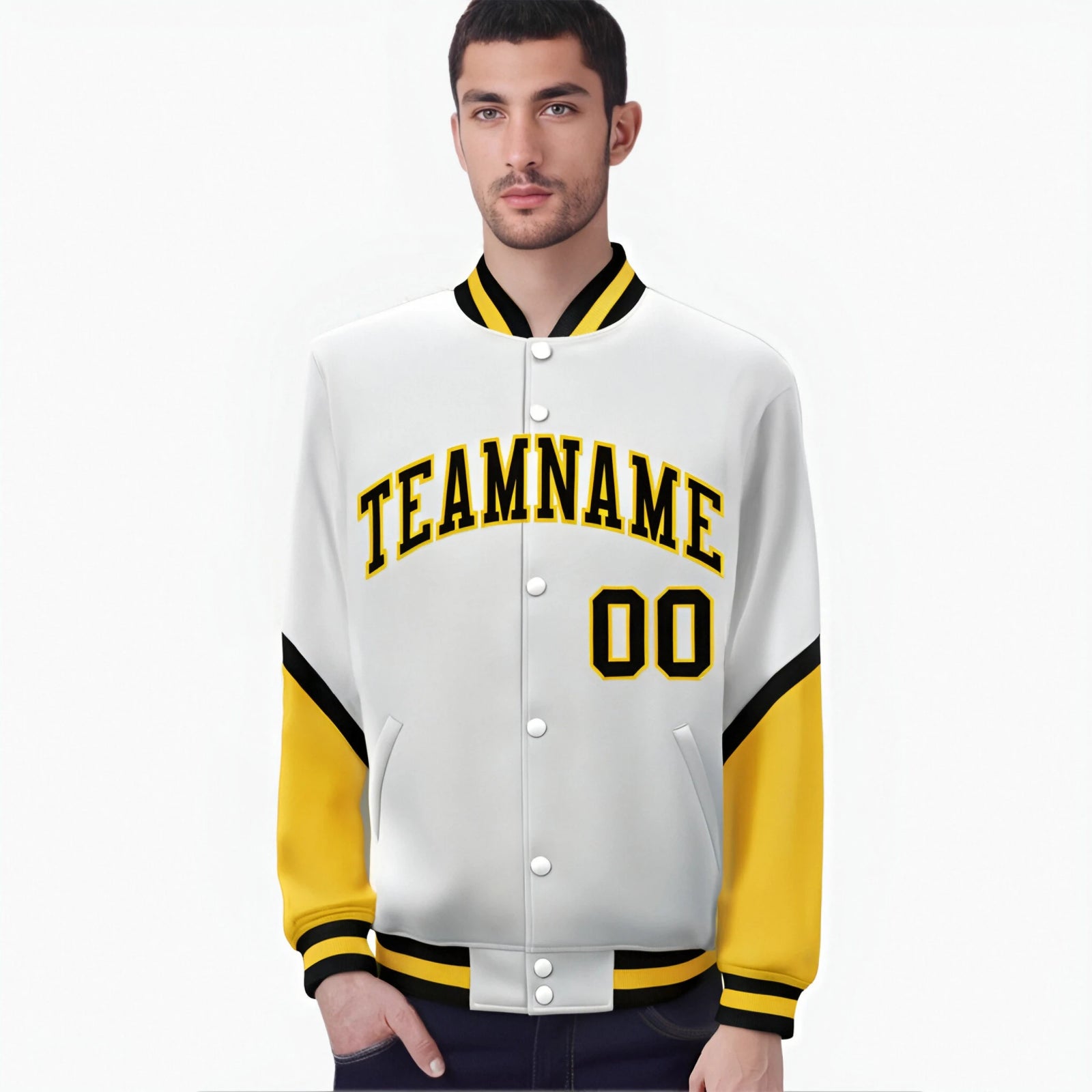 Custom White Gold-Black Varsity Full-Snap Color Block Letterman Jacket