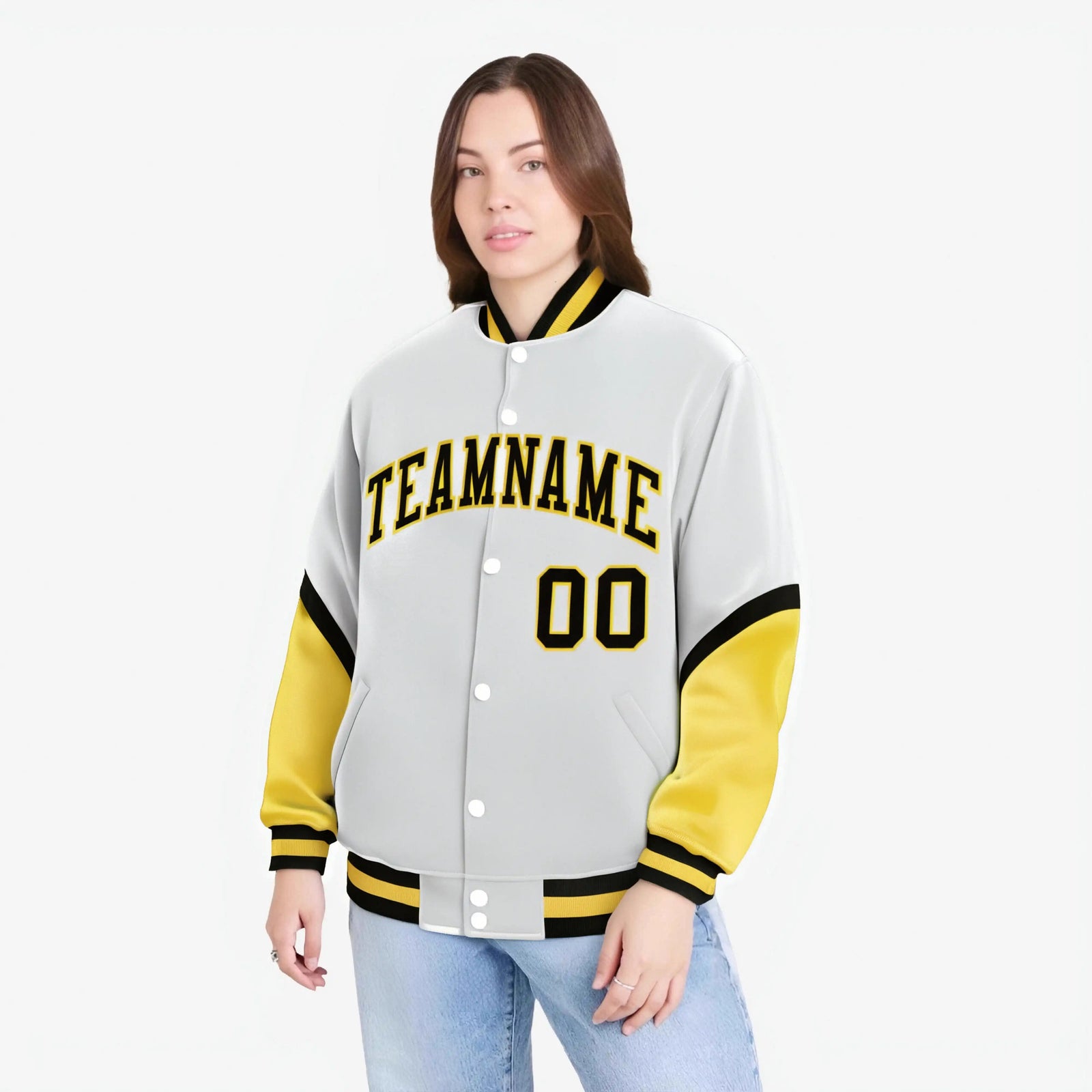 Custom White Gold-Black Varsity Full-Snap Color Block Letterman Jacket
