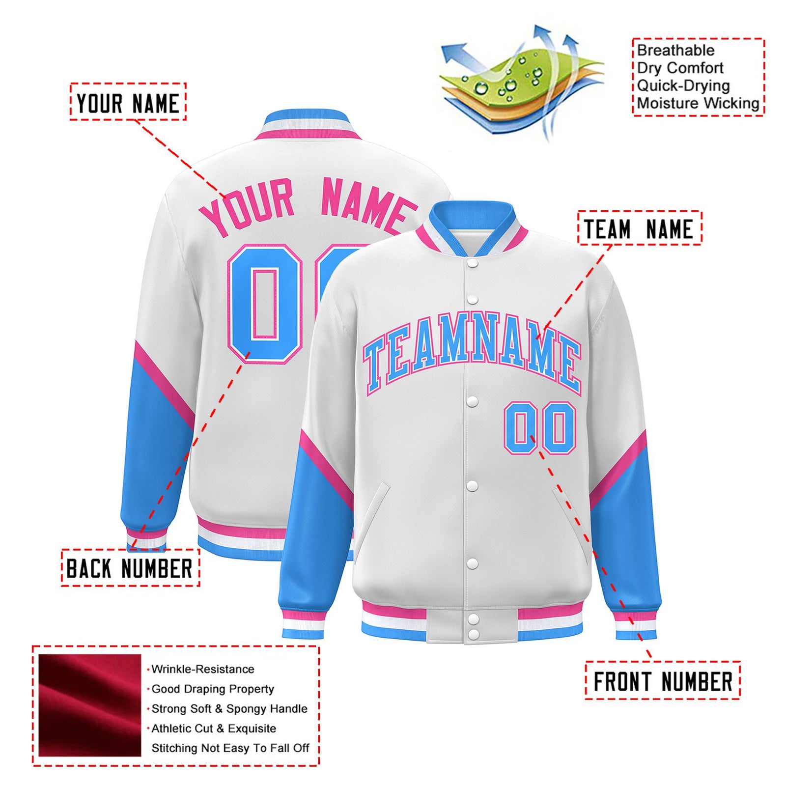 Custom White Powder Blue-Pink Varsity Full-Snap Color Block Letterman Jacket