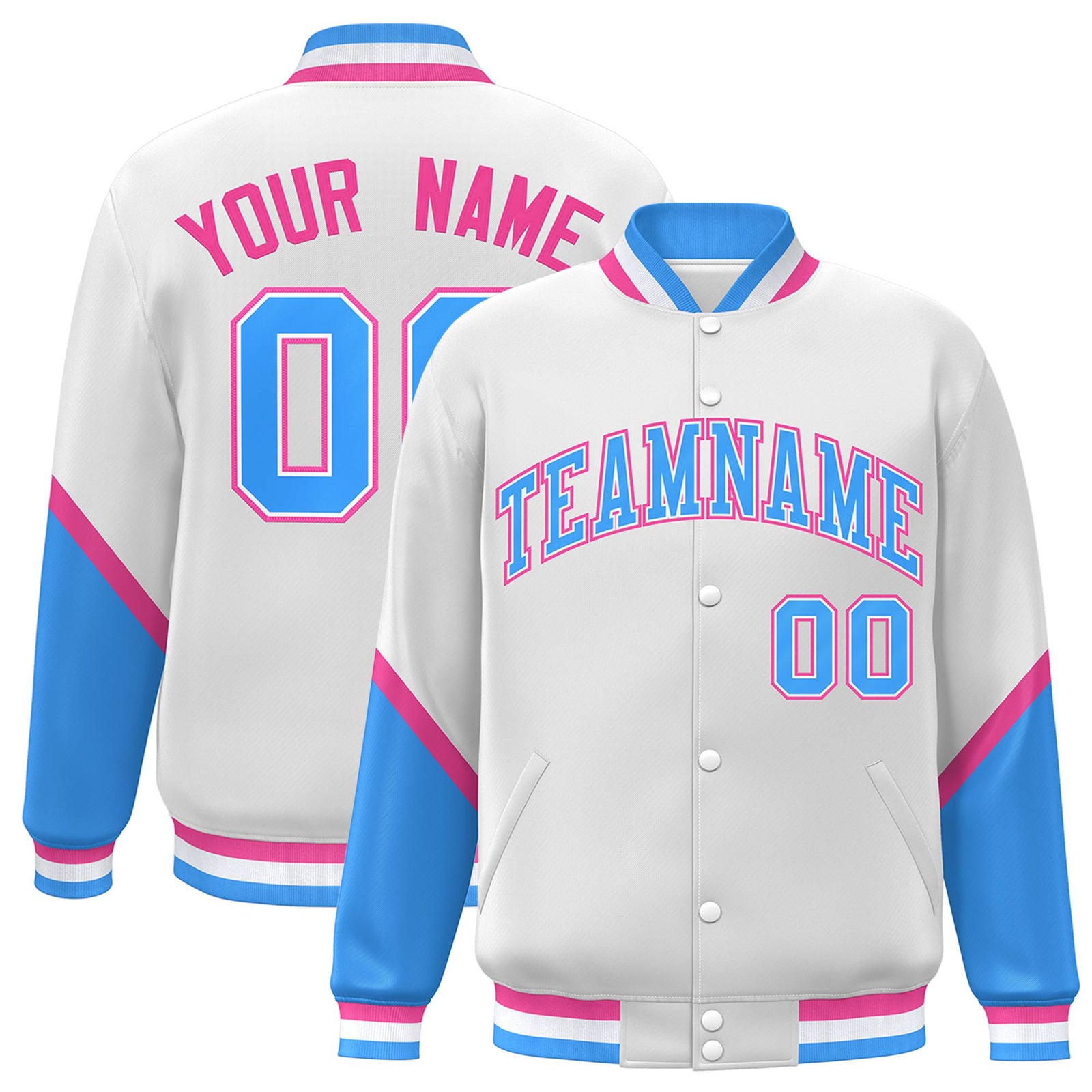Custom White Powder Blue-Pink Varsity Full-Snap Color Block Letterman Jacket