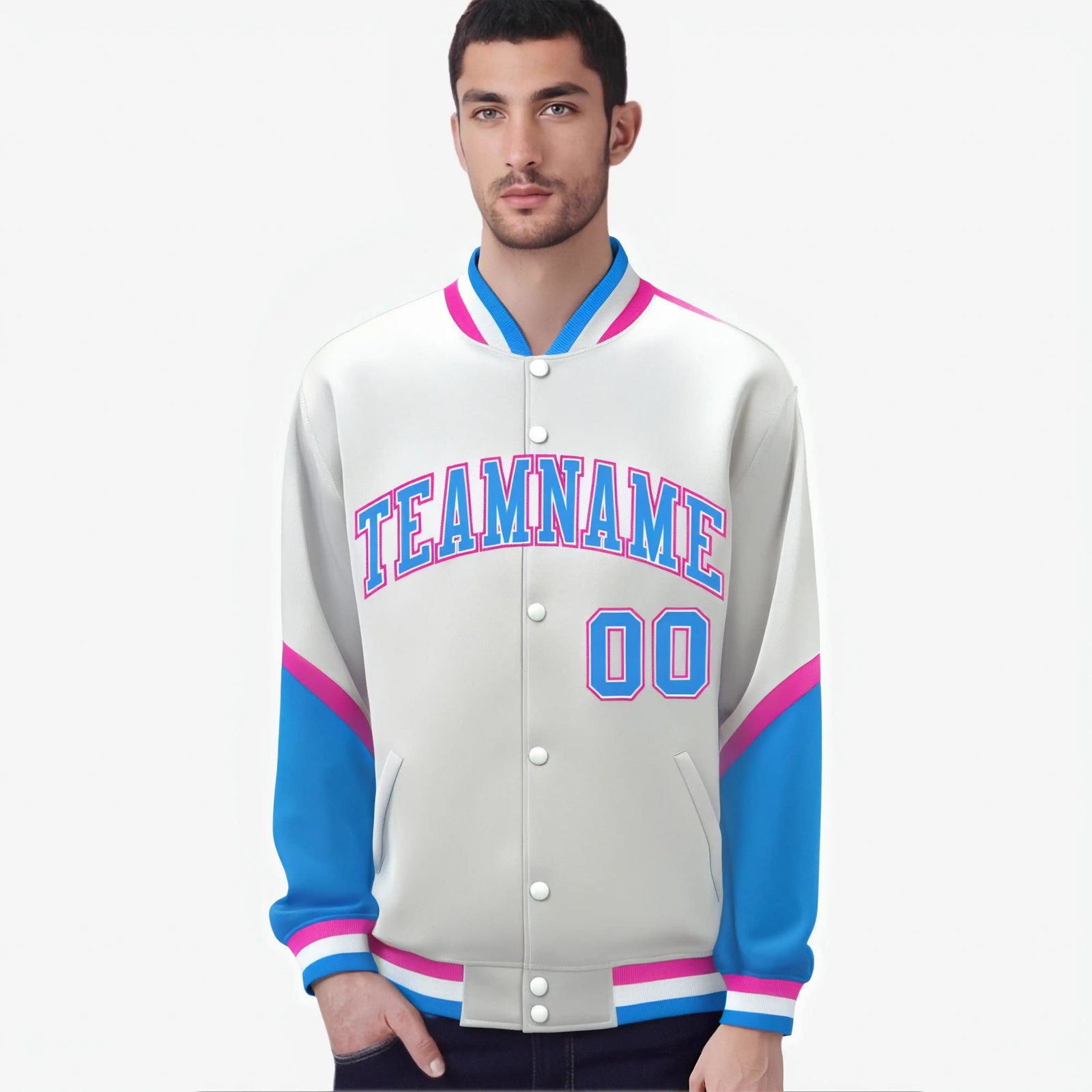 Custom White Powder Blue-Pink Varsity Full-Snap Color Block Letterman Jacket