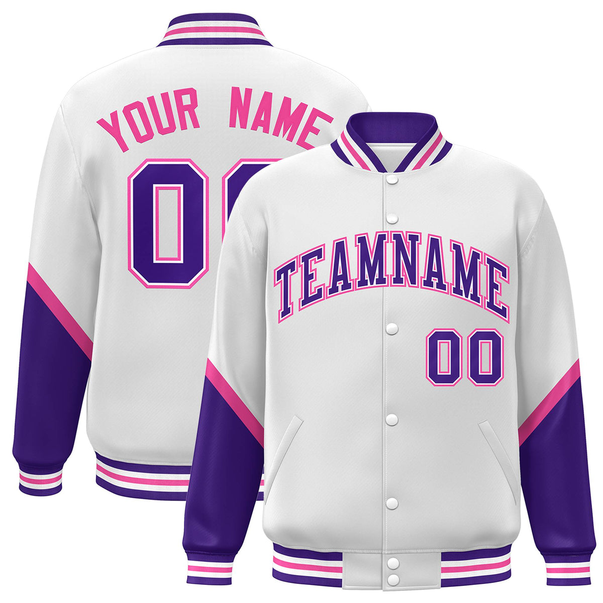 Custom White Purple-Pink Varsity Full-Snap Color Block Letterman Jacket