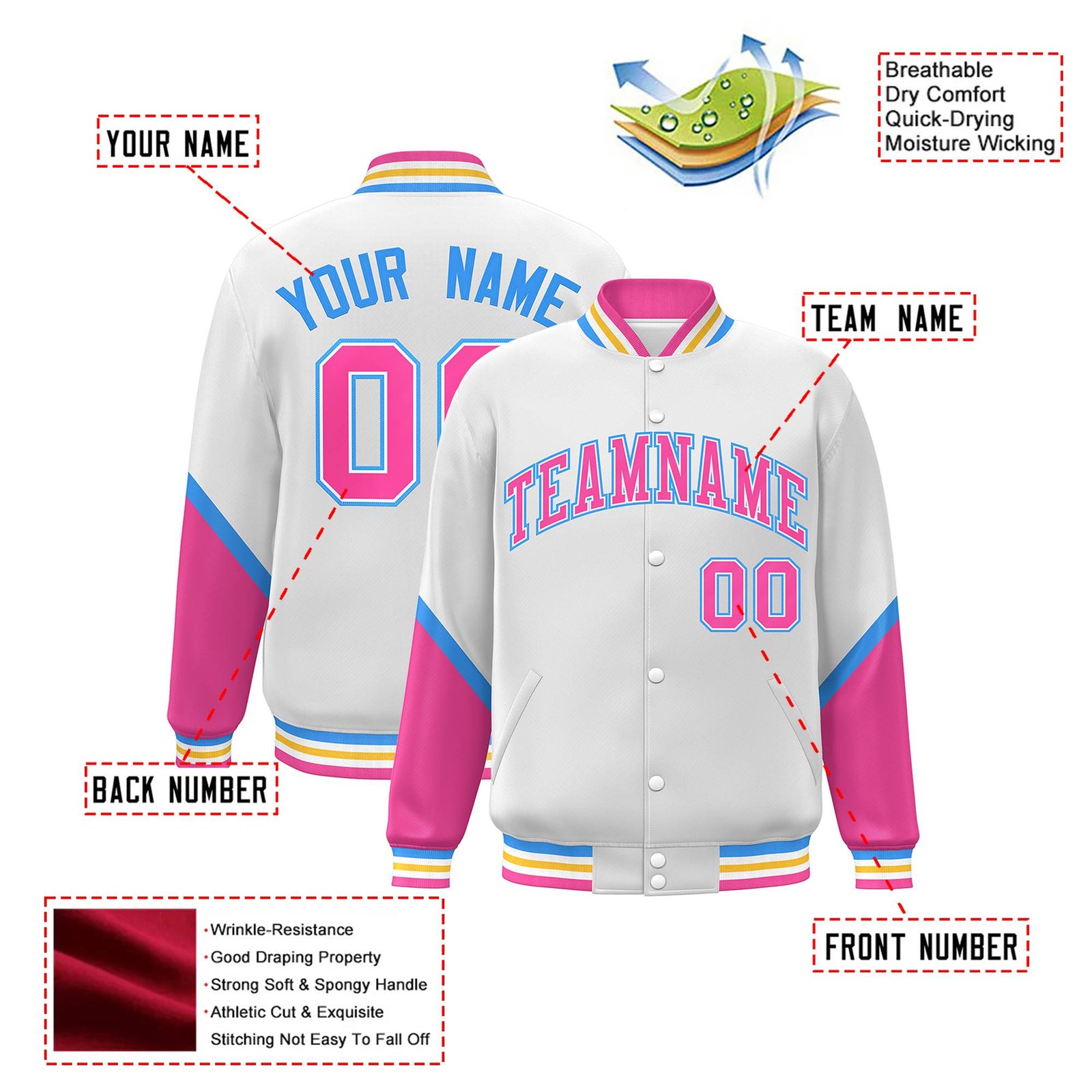 Custom White Pink-Powder Blue Varsity Full-Snap Color Block Letterman Jacket