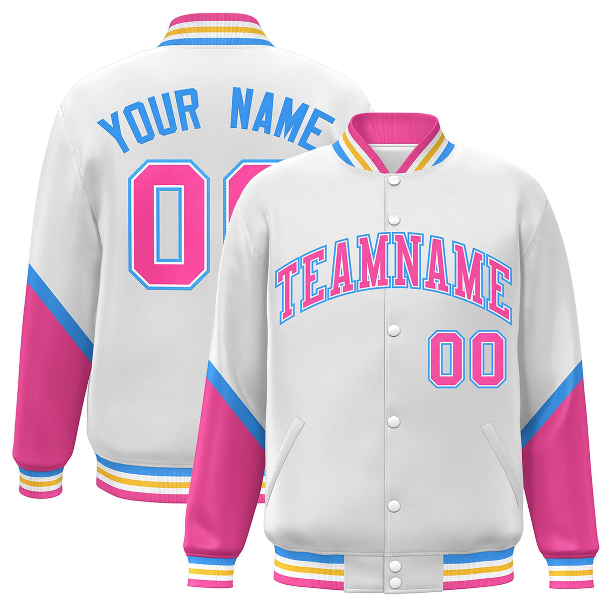 Custom White Pink-Powder Blue Varsity Full-Snap Color Block Letterman Jacket