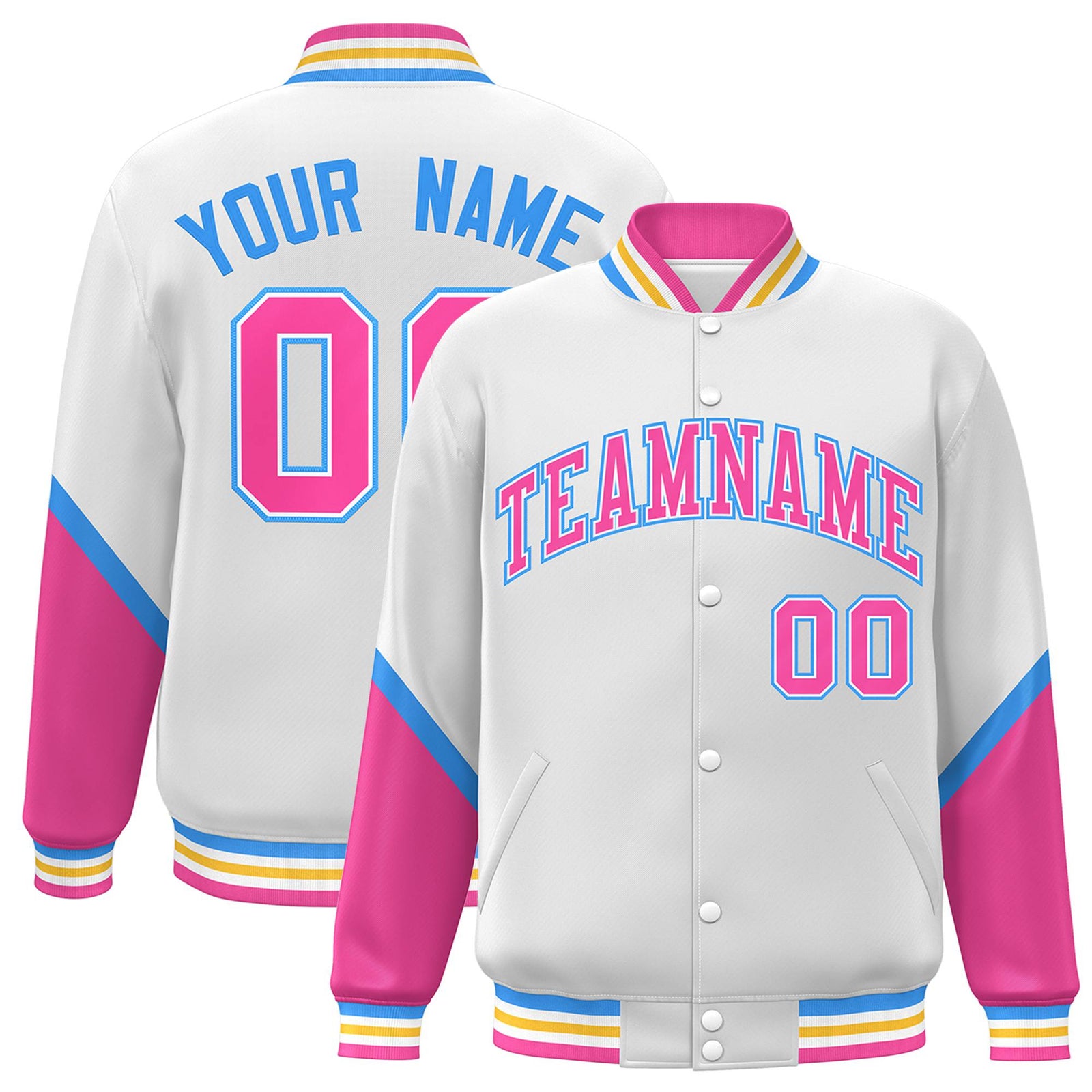 Custom White Pink-Powder Blue Varsity Full-Snap Color Block Letterman Jacket