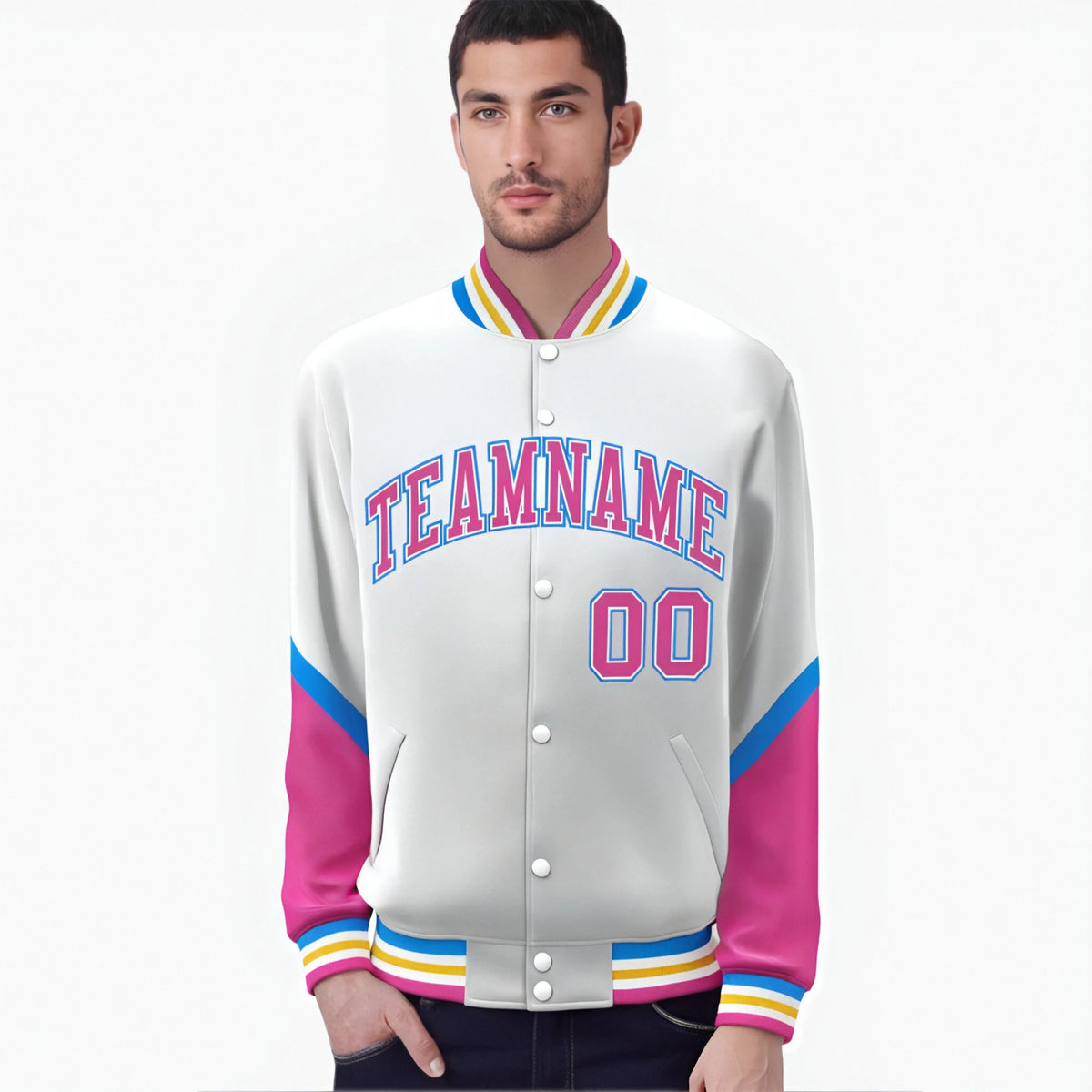 Custom White Pink-Powder Blue Varsity Full-Snap Color Block Letterman Jacket