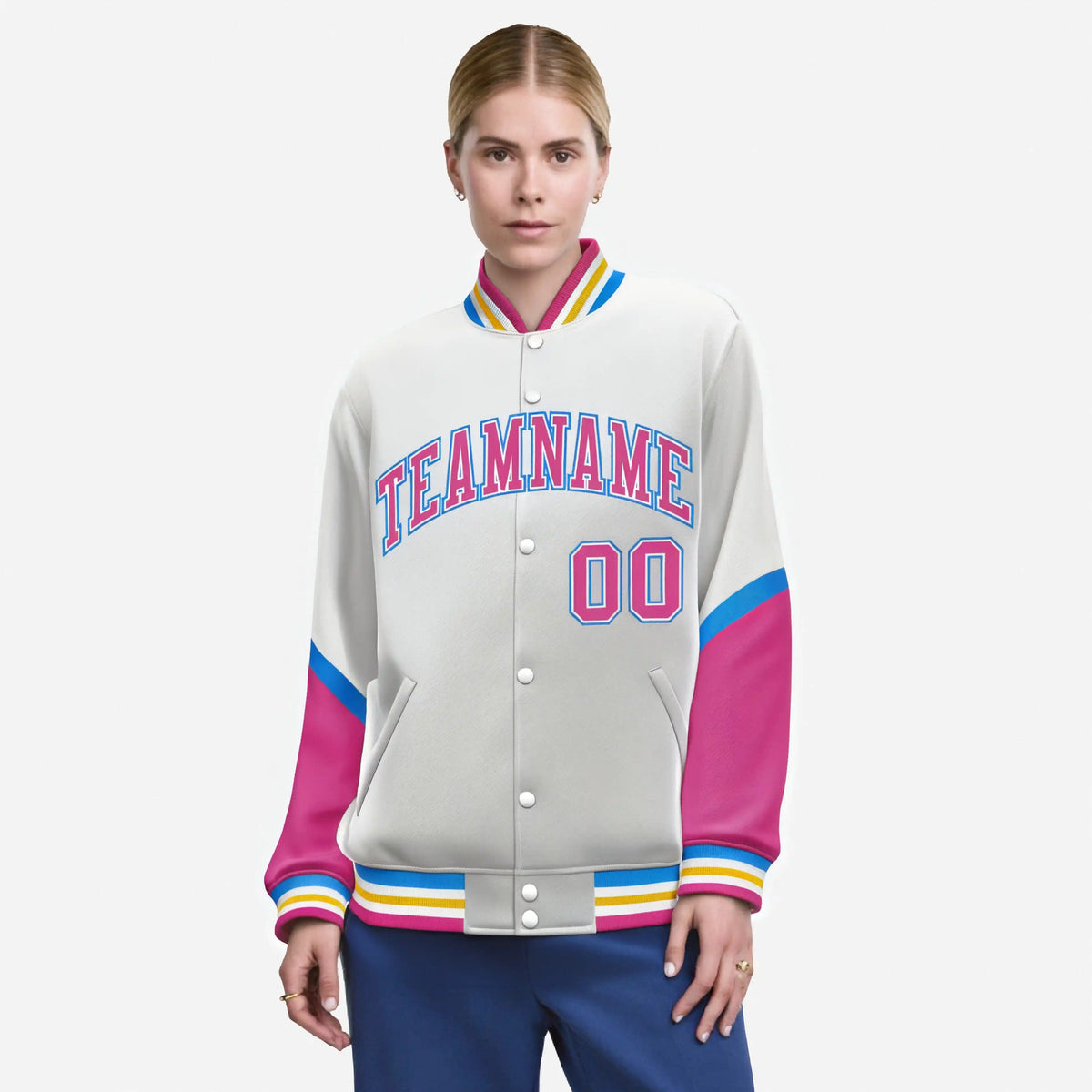 Custom White Pink-Powder Blue Varsity Full-Snap Color Block Letterman Jacket