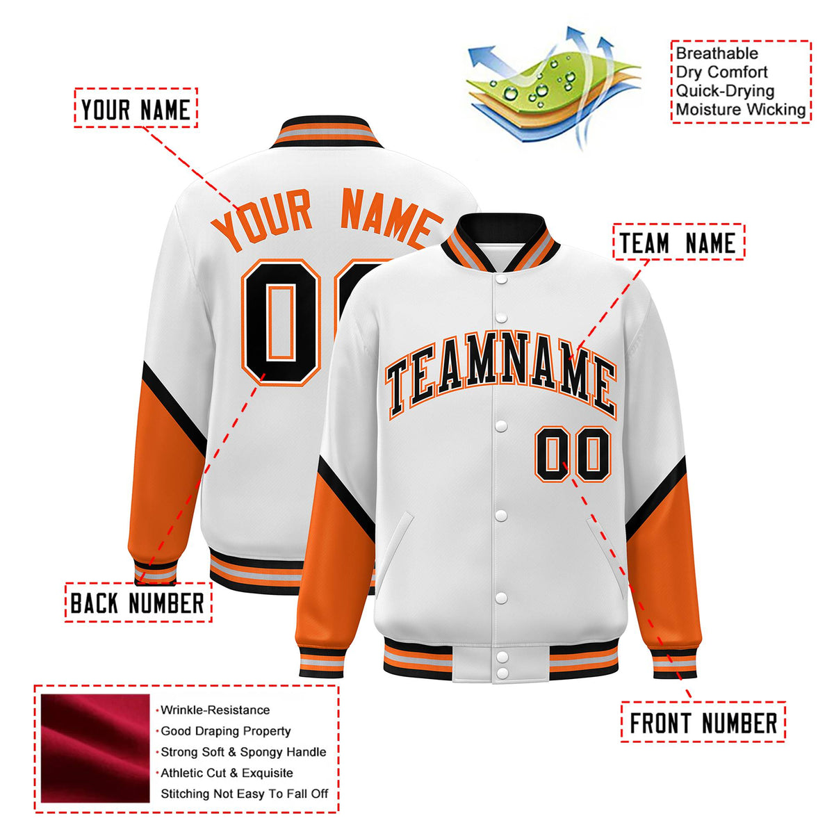 Custom White Orange-Black Varsity Full-Snap Color Block Letterman Jacket