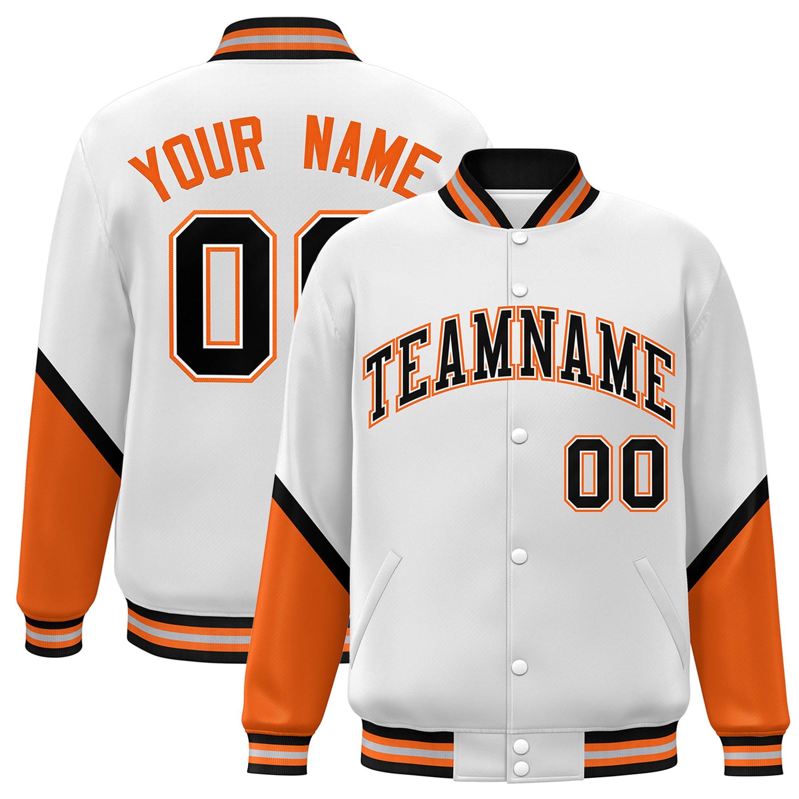 Custom White Orange-Black Varsity Full-Snap Color Block Letterman Jacket