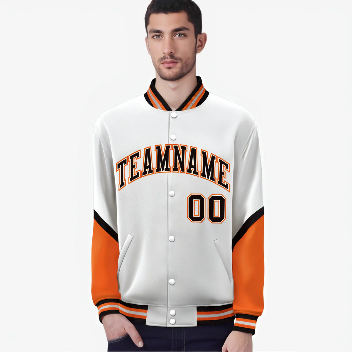Custom White Orange-Black Varsity Full-Snap Color Block Letterman Jacket
