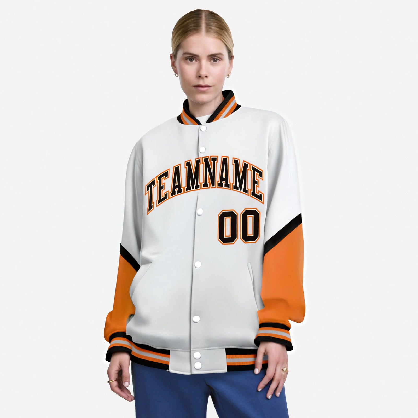 Custom White Orange-Black Varsity Full-Snap Color Block Letterman Jacket