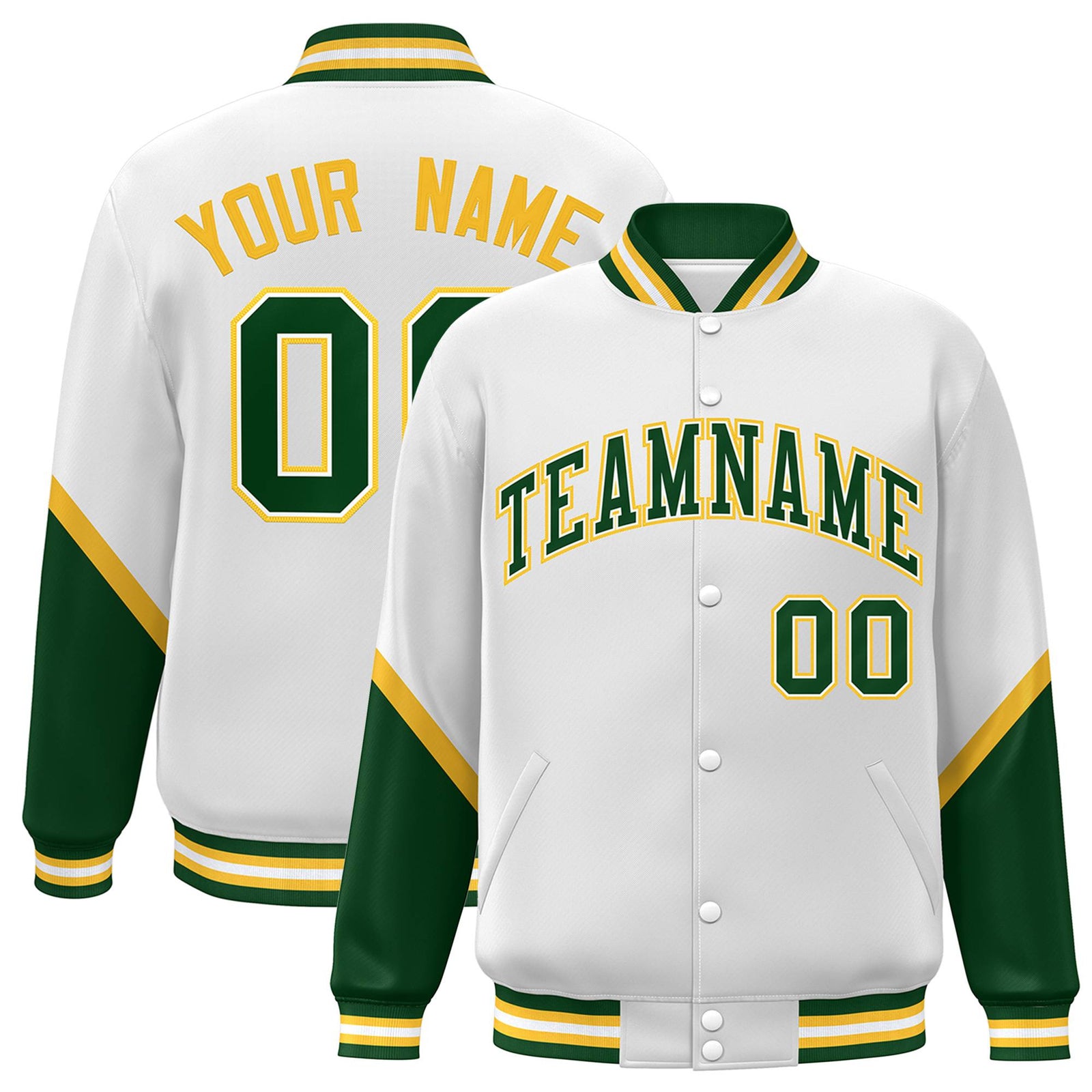 Custom White Orange-Gold Varsity Full-Snap Color Block Letterman Jacket