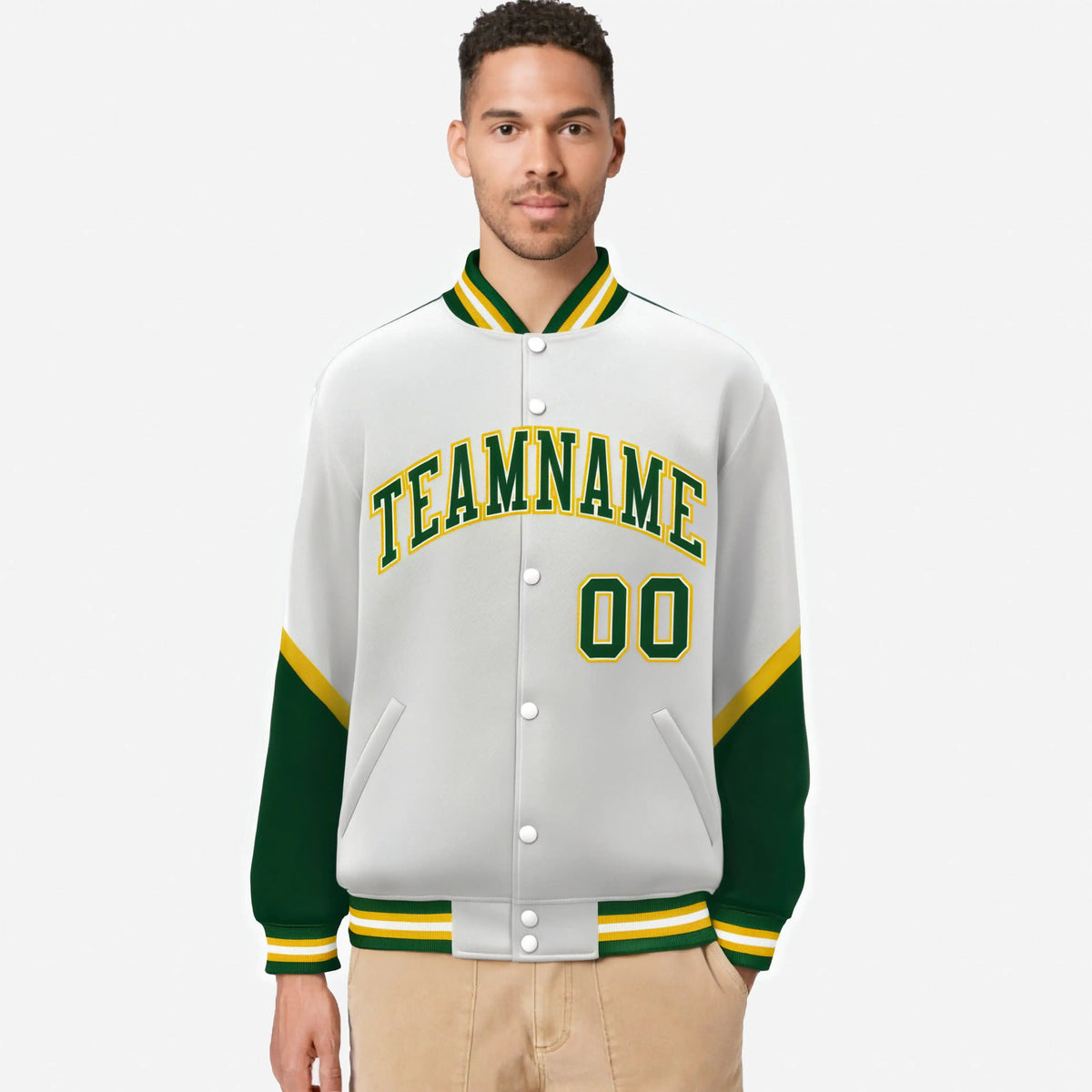 Custom White Orange-Gold Varsity Full-Snap Color Block Letterman Jacket