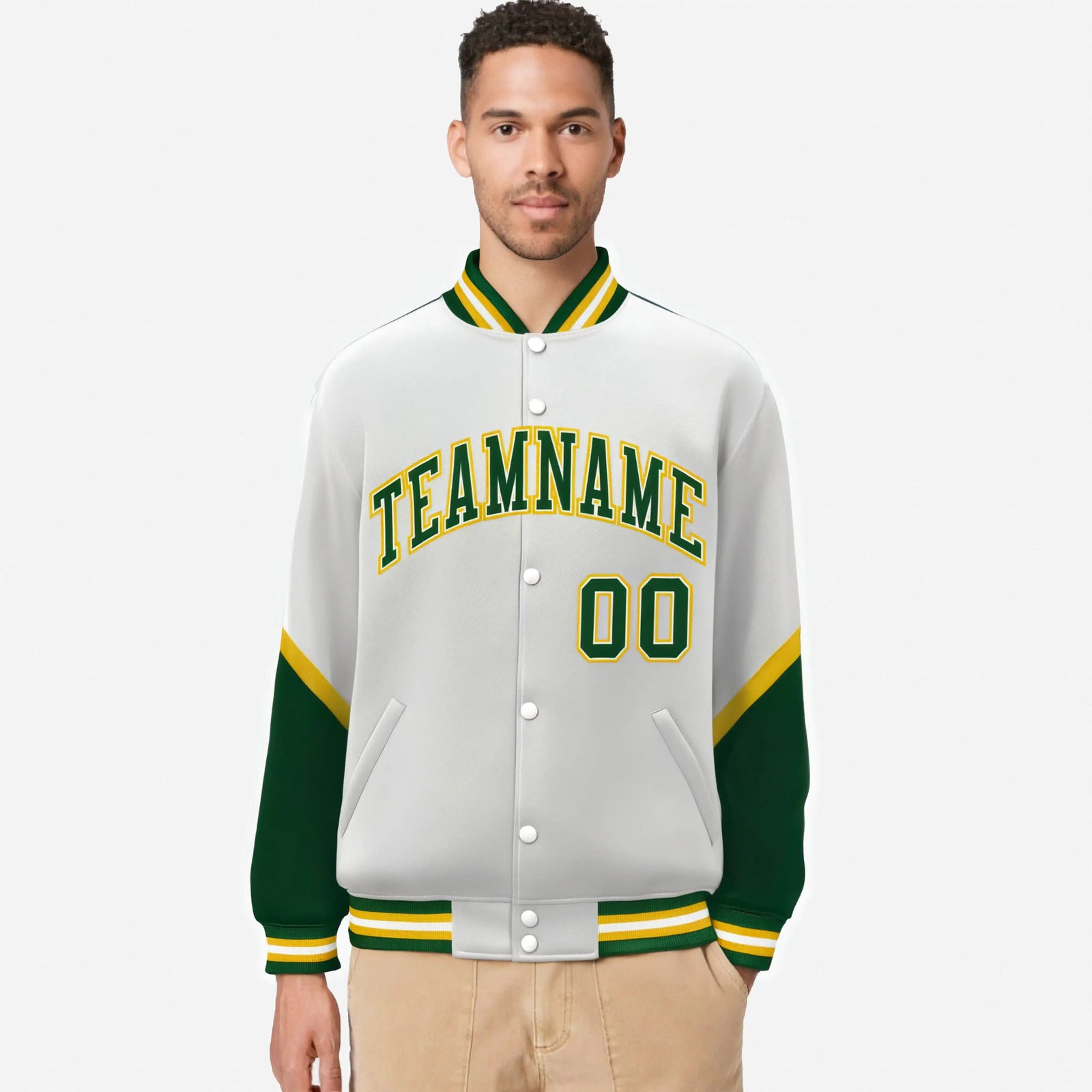 Custom White Orange-Gold Varsity Full-Snap Color Block Letterman Jacket