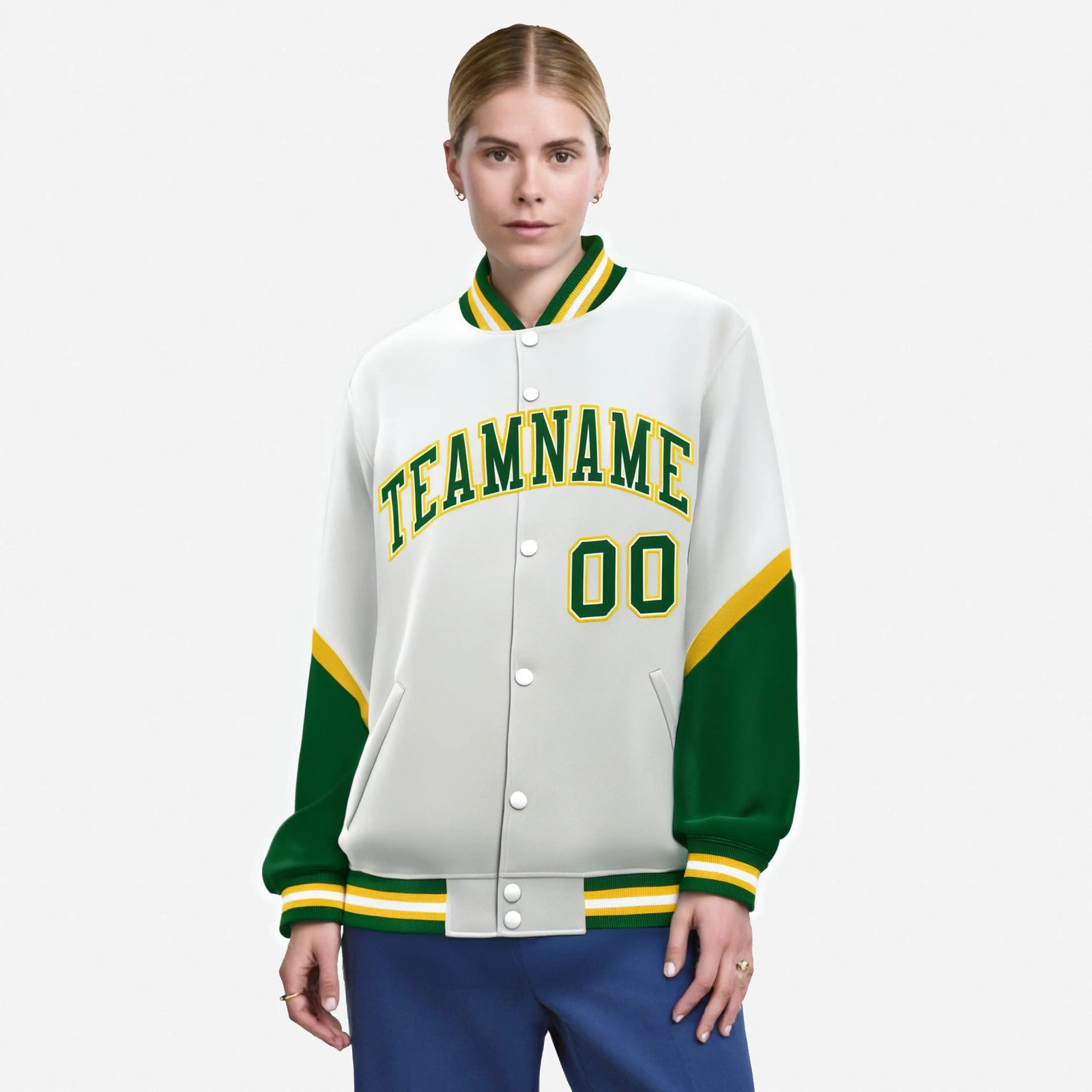 Custom White Orange-Gold Varsity Full-Snap Color Block Letterman Jacket