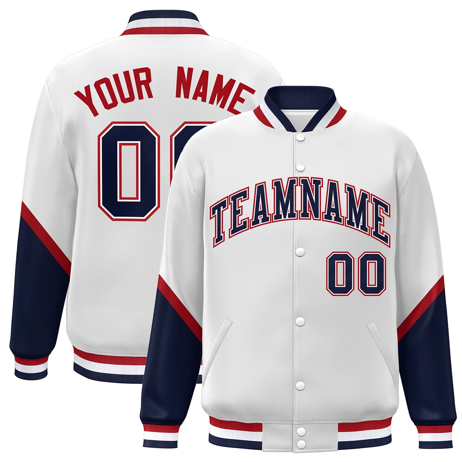 Custom White Navy-Red Varsity Full-Snap Color Block Letterman Jacket