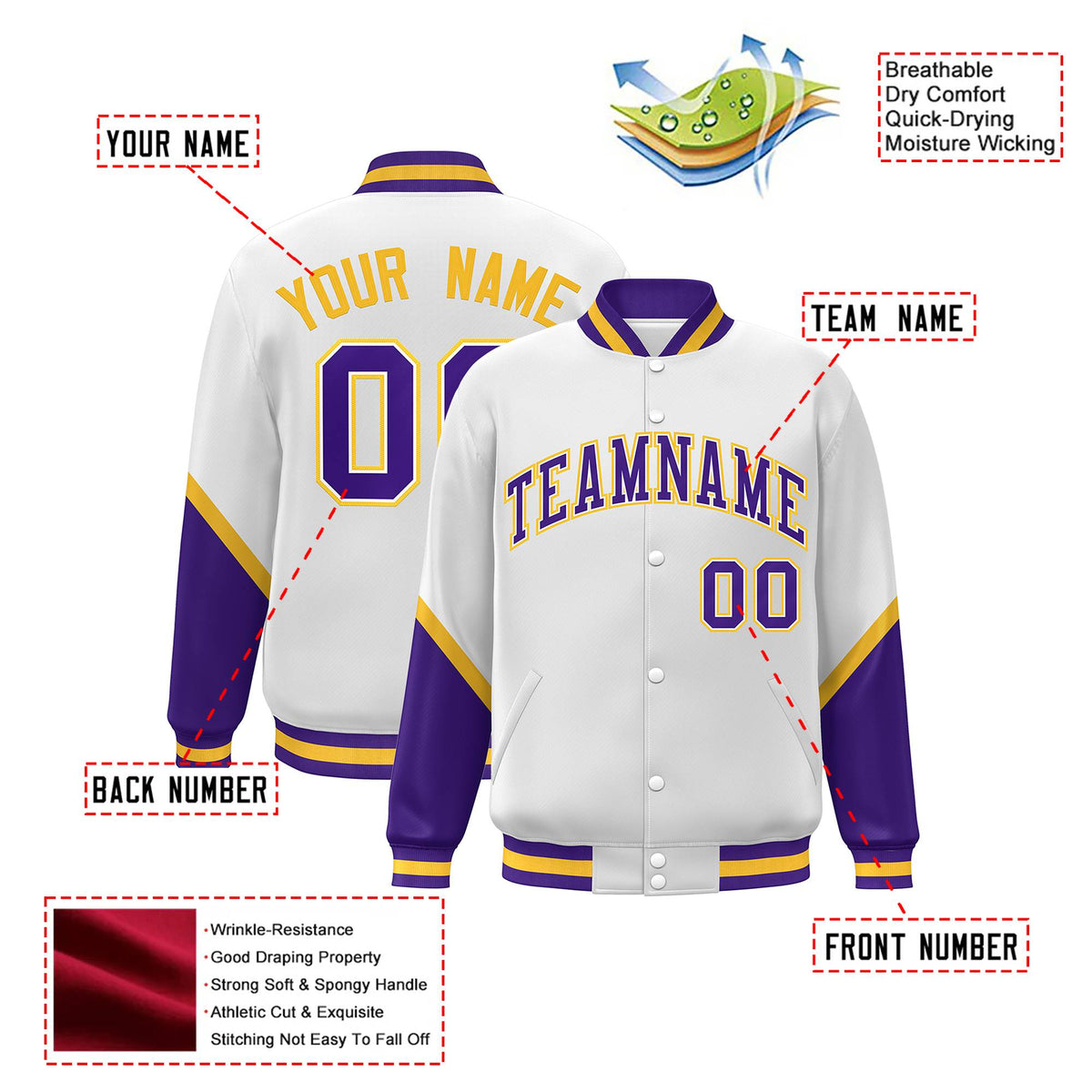 Custom White Purple-Gold Varsity Full-Snap Color Block Letterman Jacket