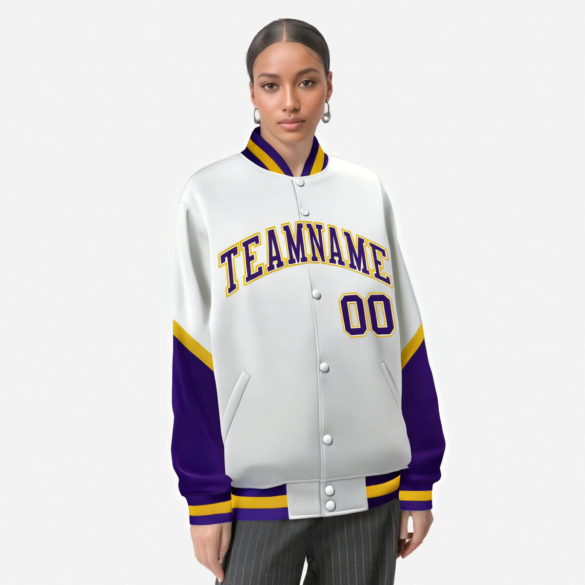 Custom White Purple-Gold Varsity Full-Snap Color Block Letterman Jacket