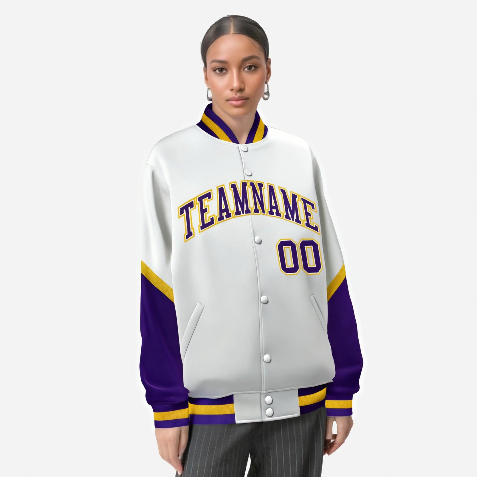 Custom White Purple-Gold Varsity Full-Snap Color Block Letterman Jacket