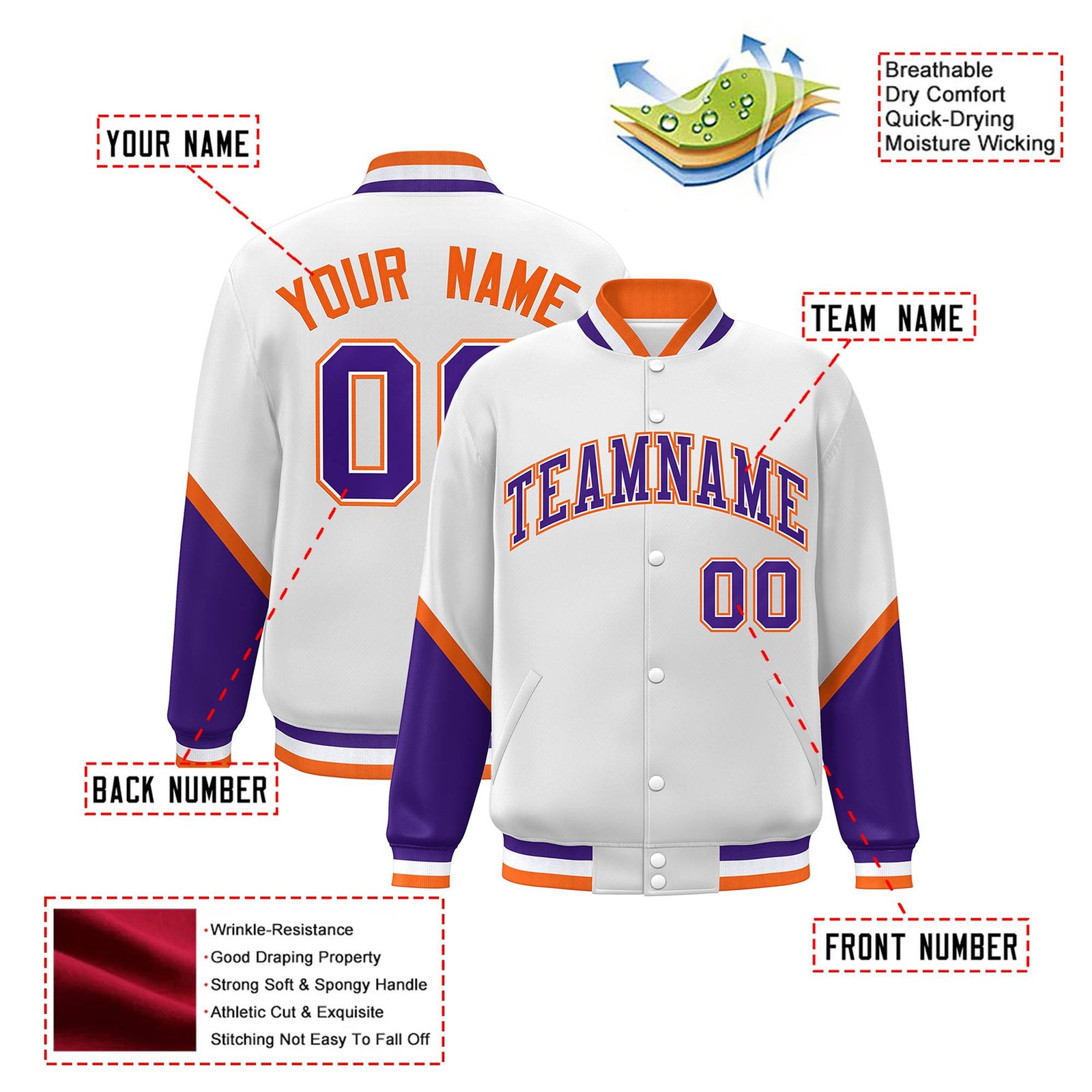 Custom White Purple-Orange Varsity Full-Snap Color Block Letterman Jacket