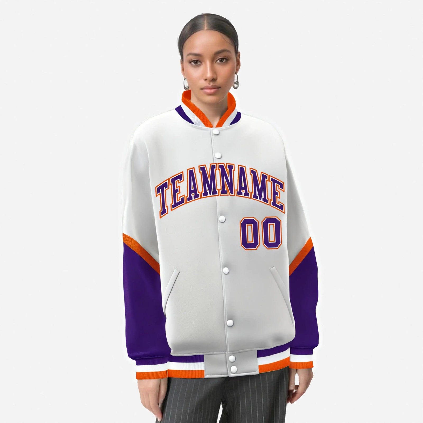 Custom White Purple-Orange Varsity Full-Snap Color Block Letterman Jacket