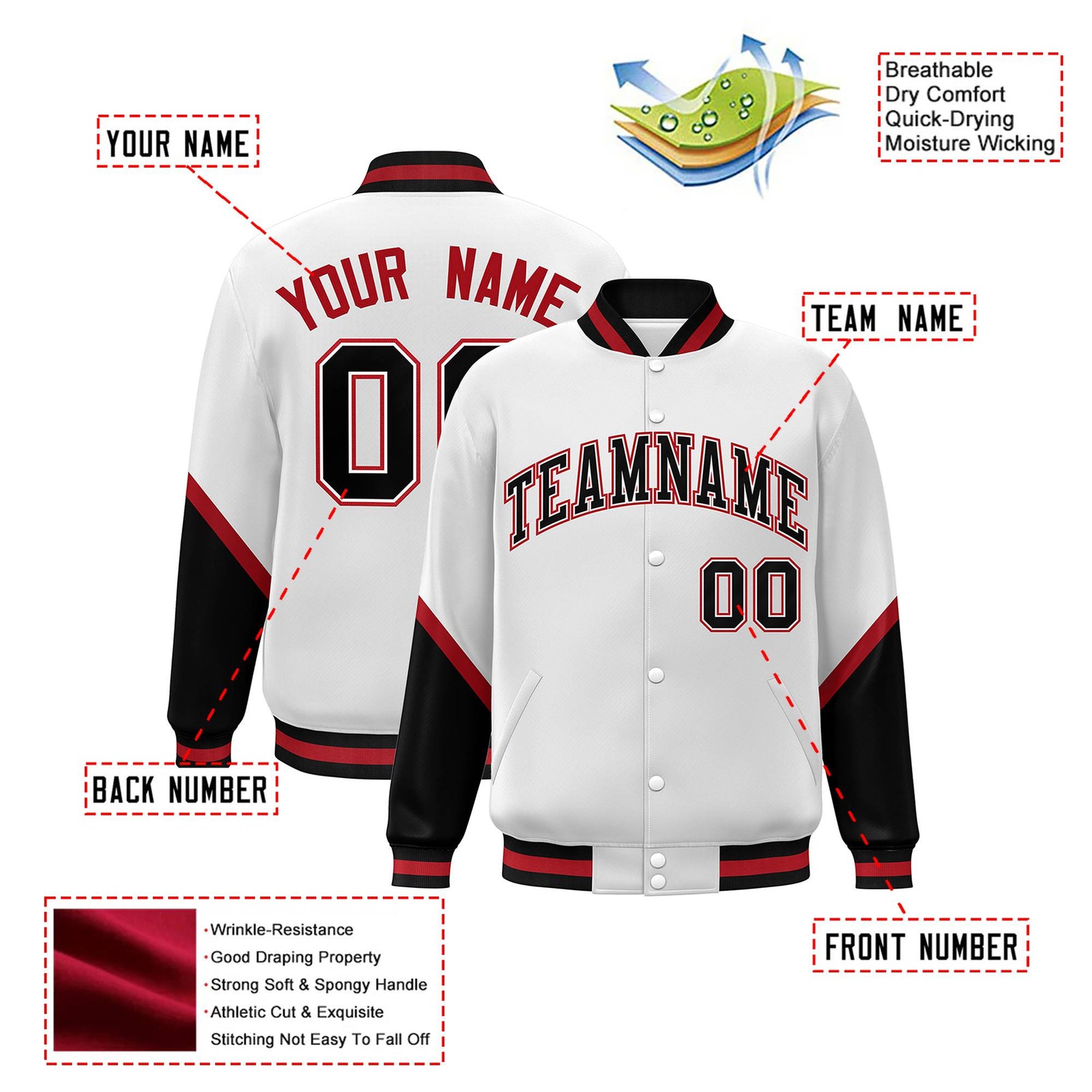 Custom White Black-Red Varsity Full-Snap Color Block Letterman Jacket