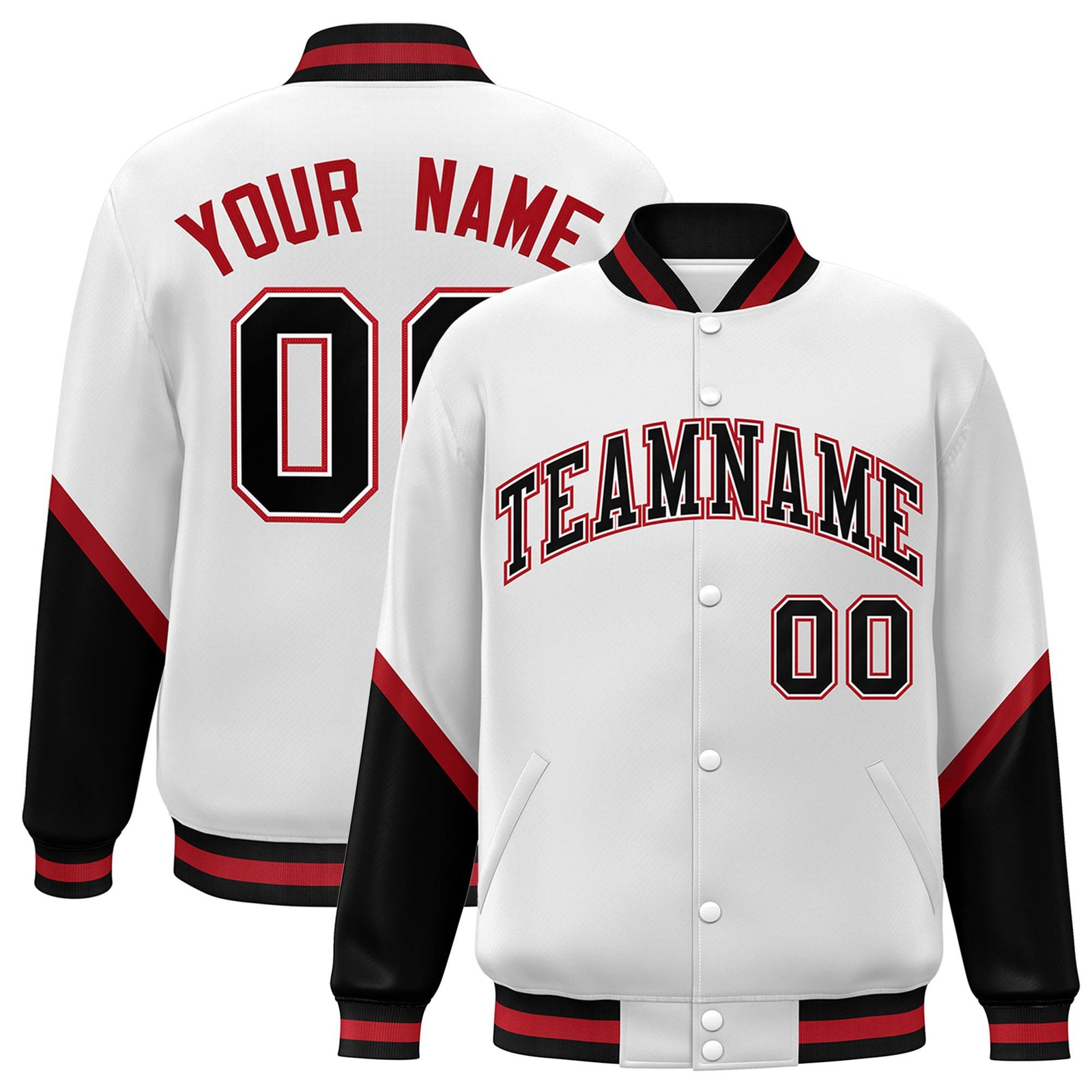 Custom White Black-Red Varsity Full-Snap Color Block Letterman Jacket