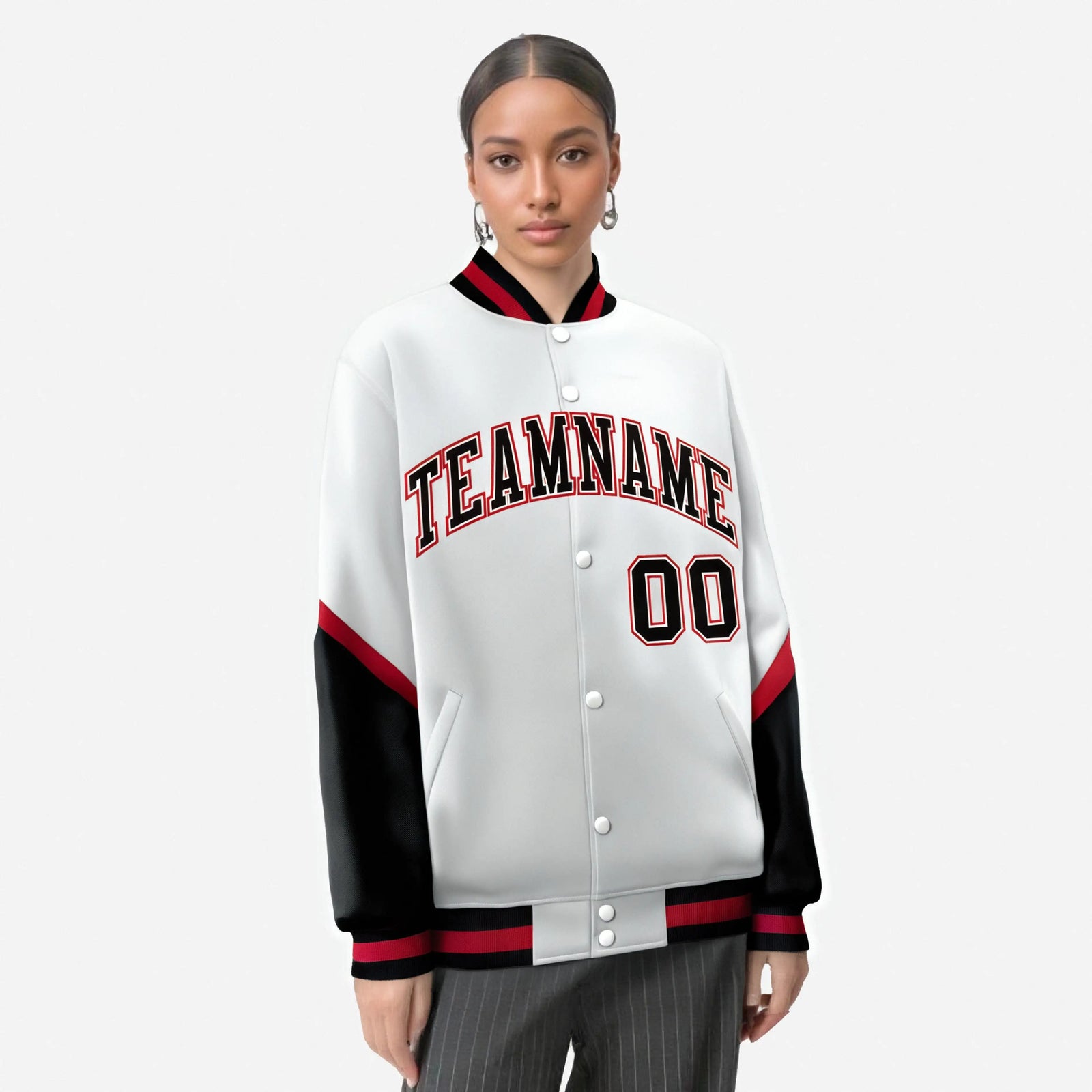 Custom White Black-Red Varsity Full-Snap Color Block Letterman Jacket