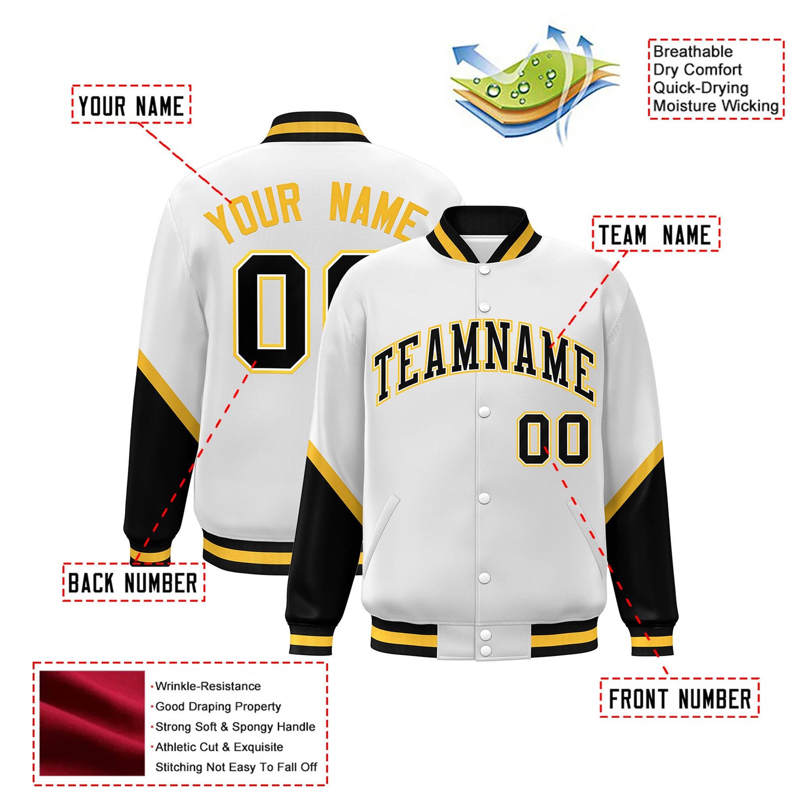 Custom White Black-Gold Varsity Full-Snap Color Block Letterman Jacket